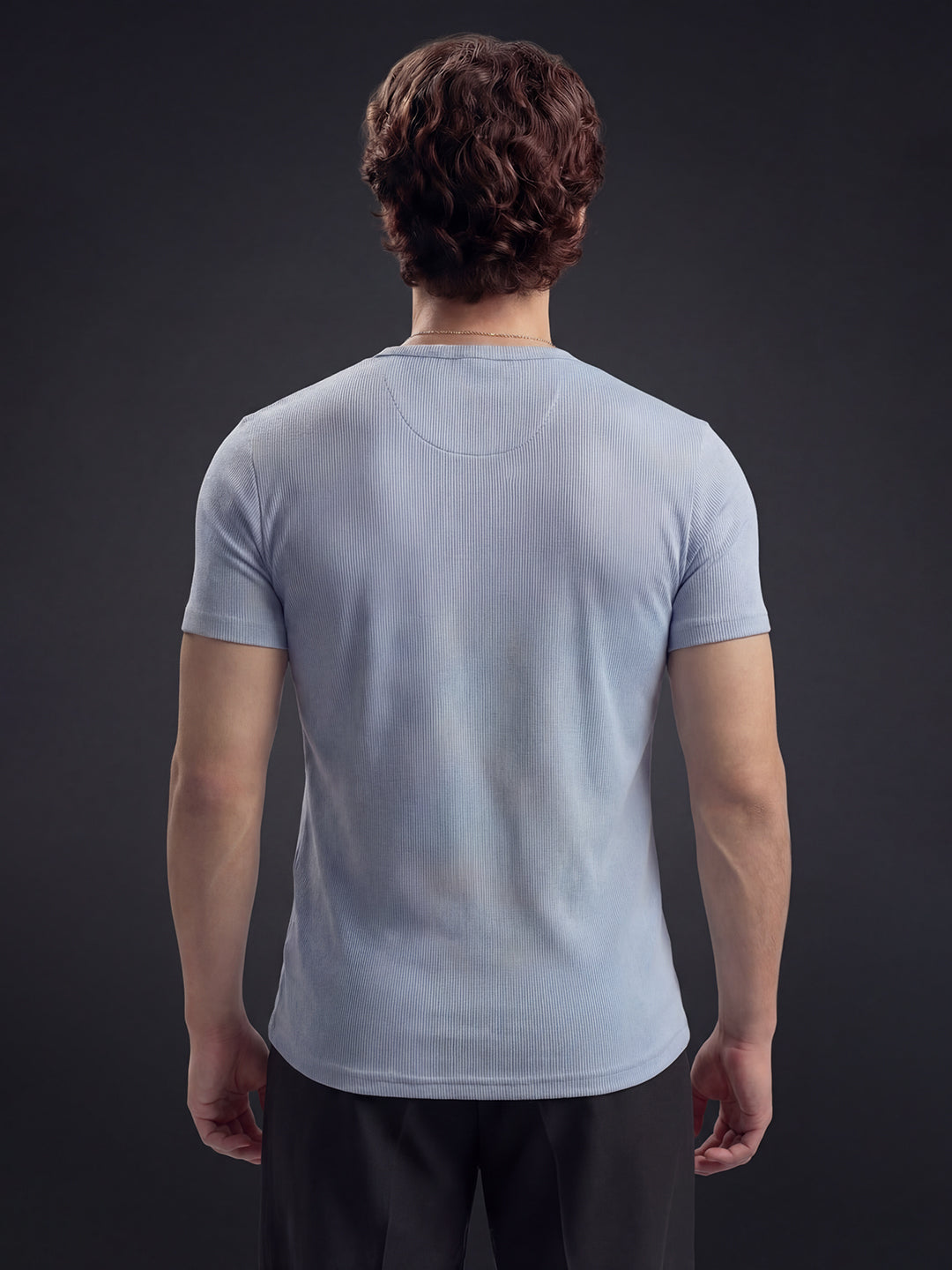 Sky Blue Ribbed Henley Short Sleeves T-Shirt