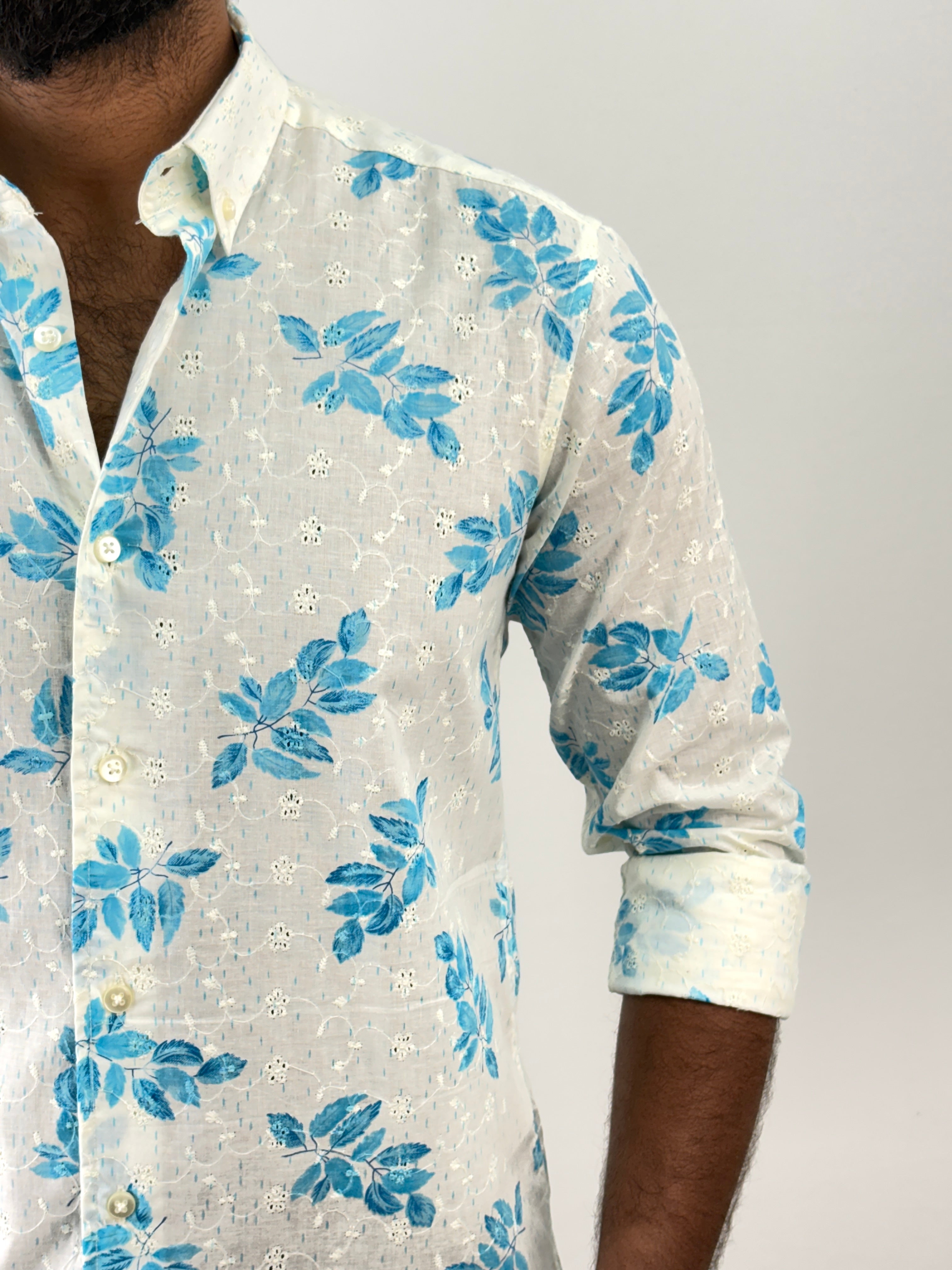 Sky Blue Embroidery Printed Shirt