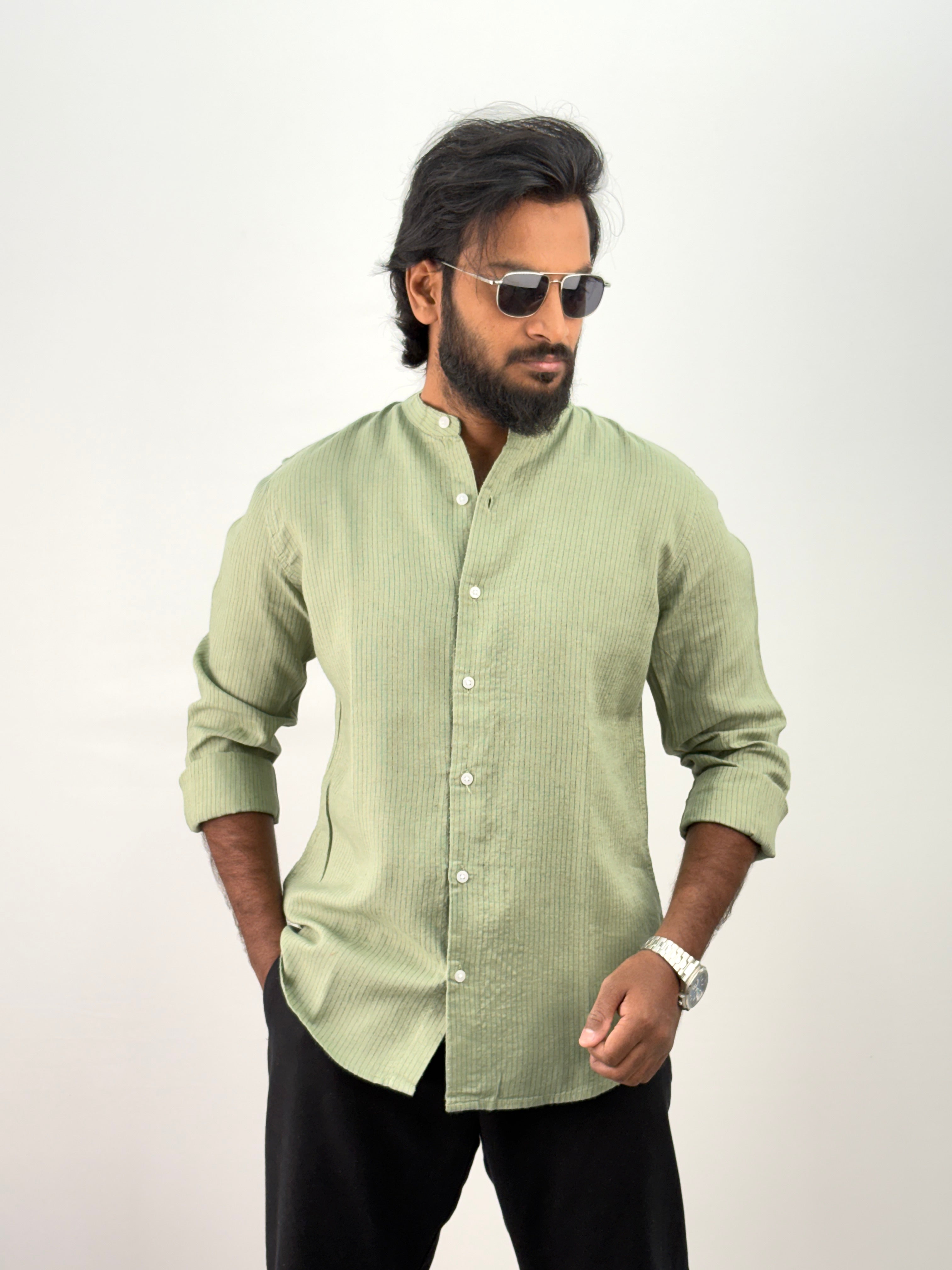 Slate Green Mandarin Linen Stripe Shirt