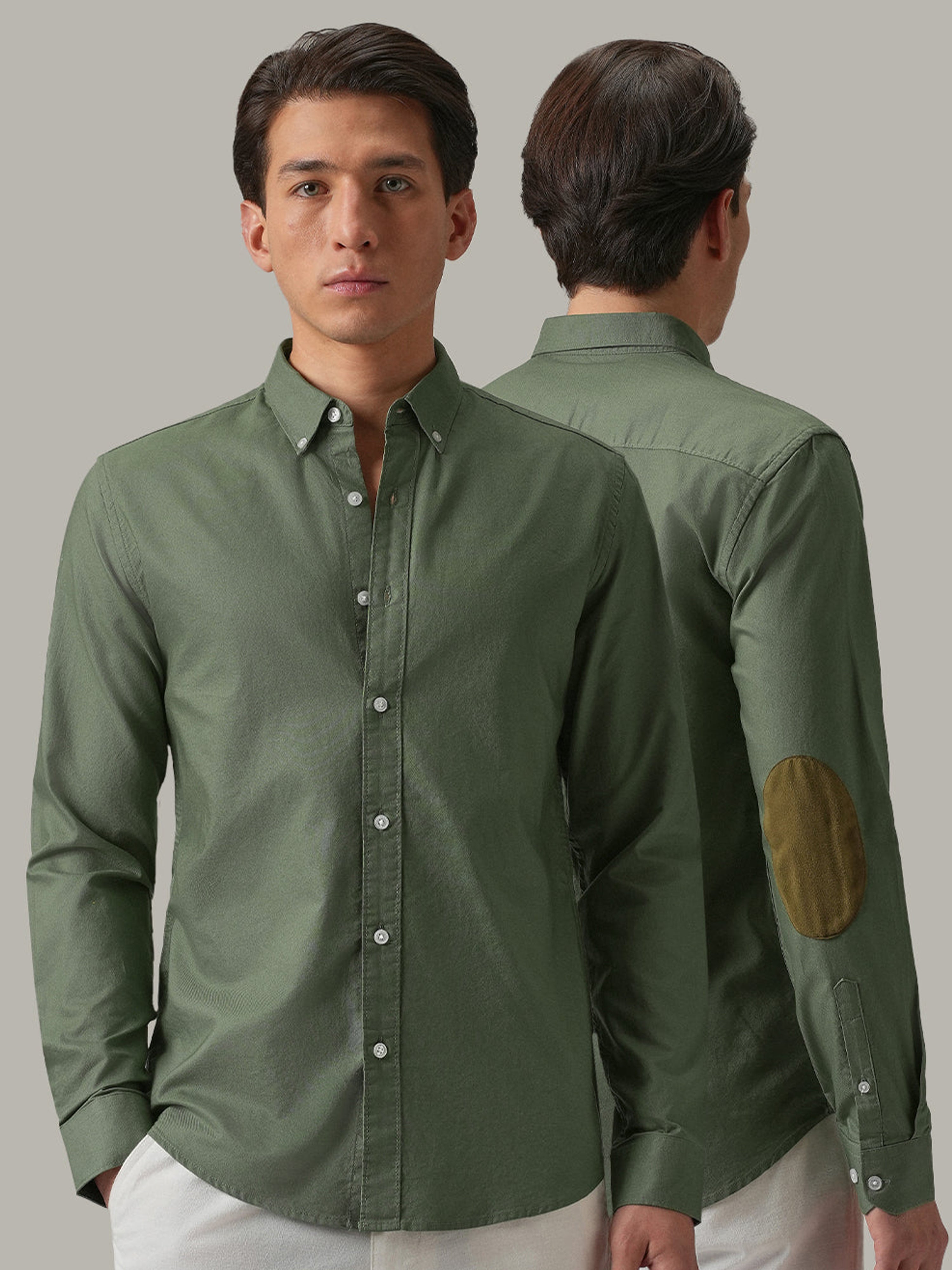 Slate Green Plain Elbow Patch Shirt