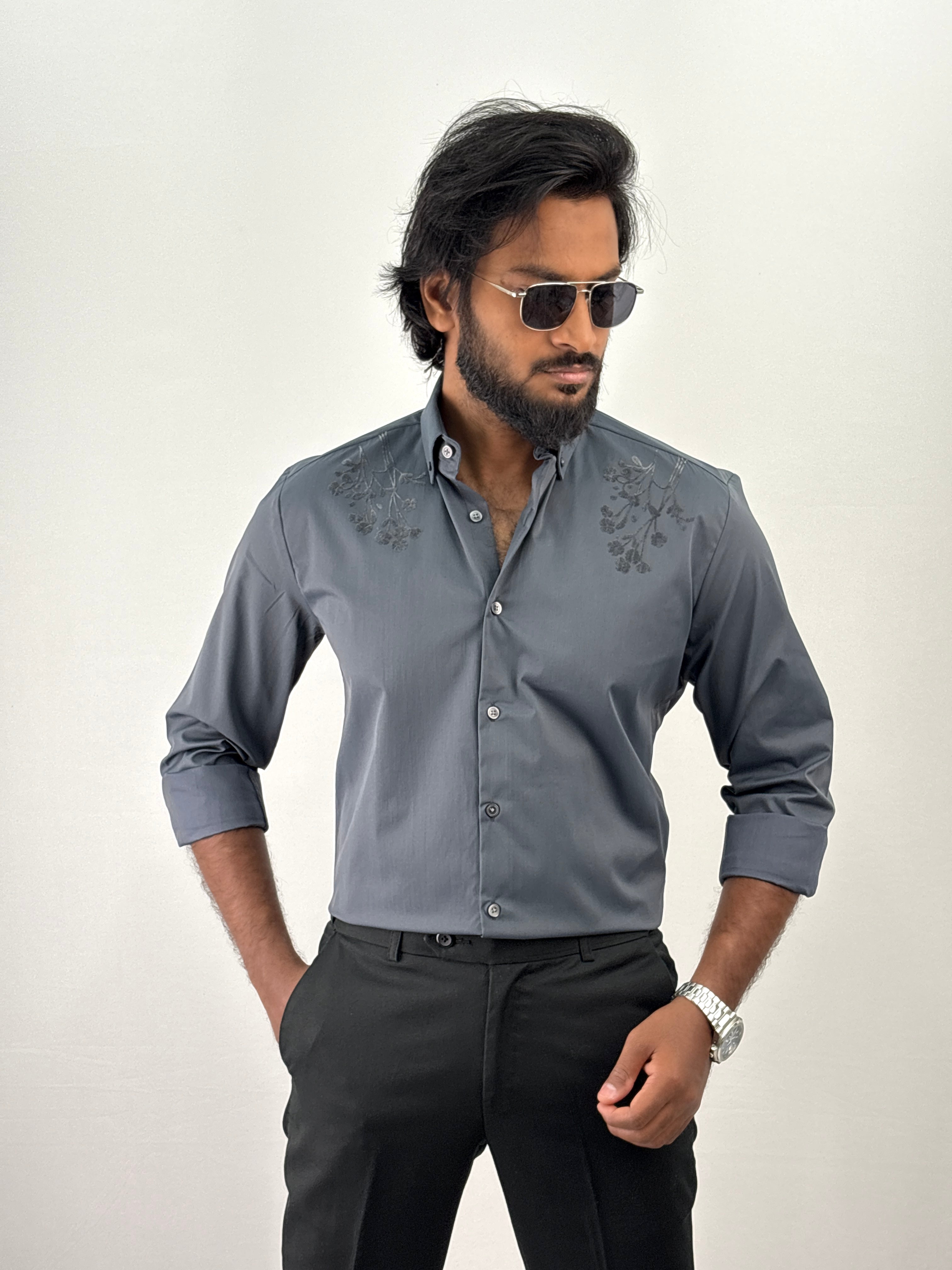 Teal Blue Flock Printed Shirt 4