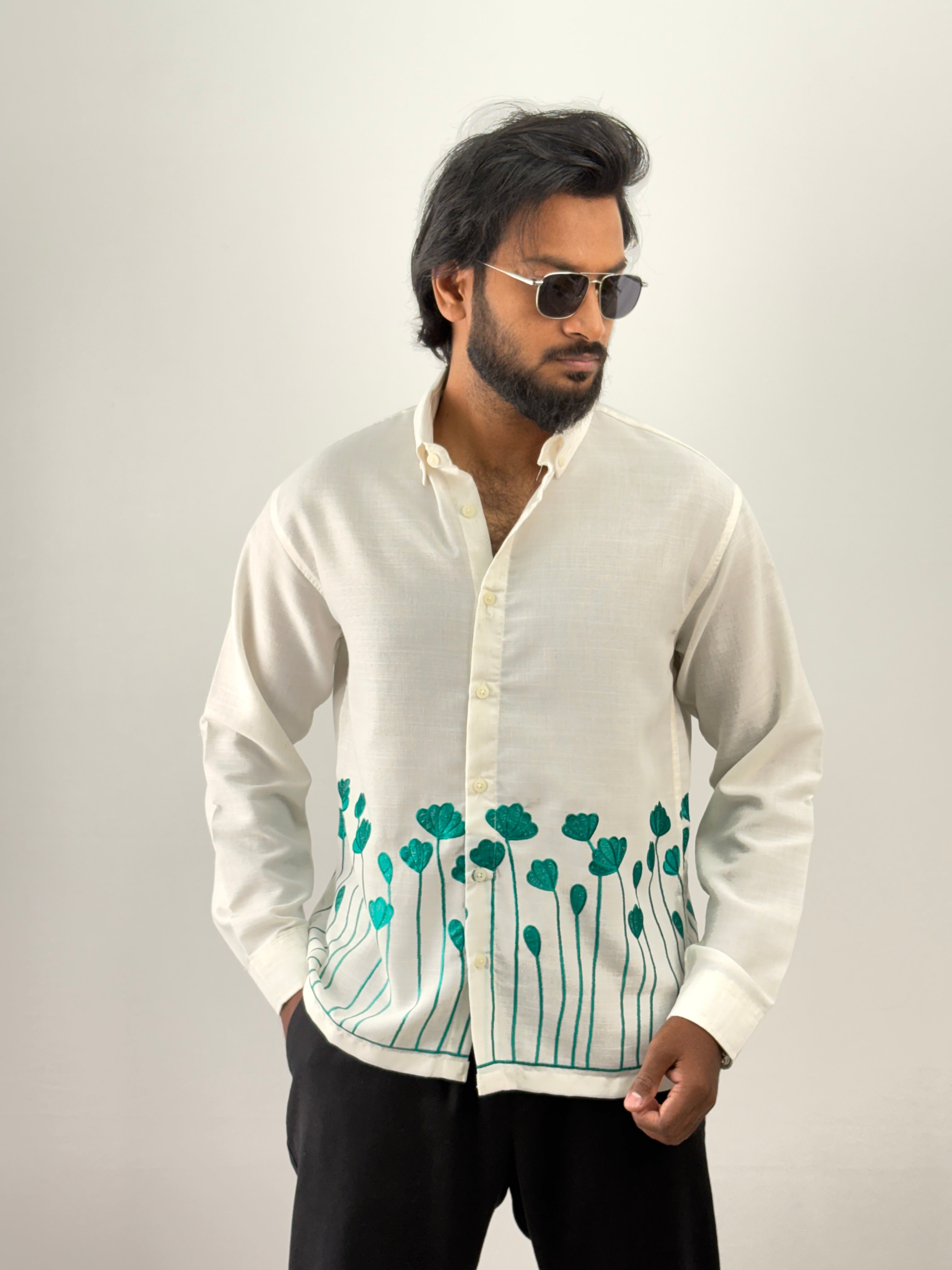 White Green Linen Embroidery Shirt