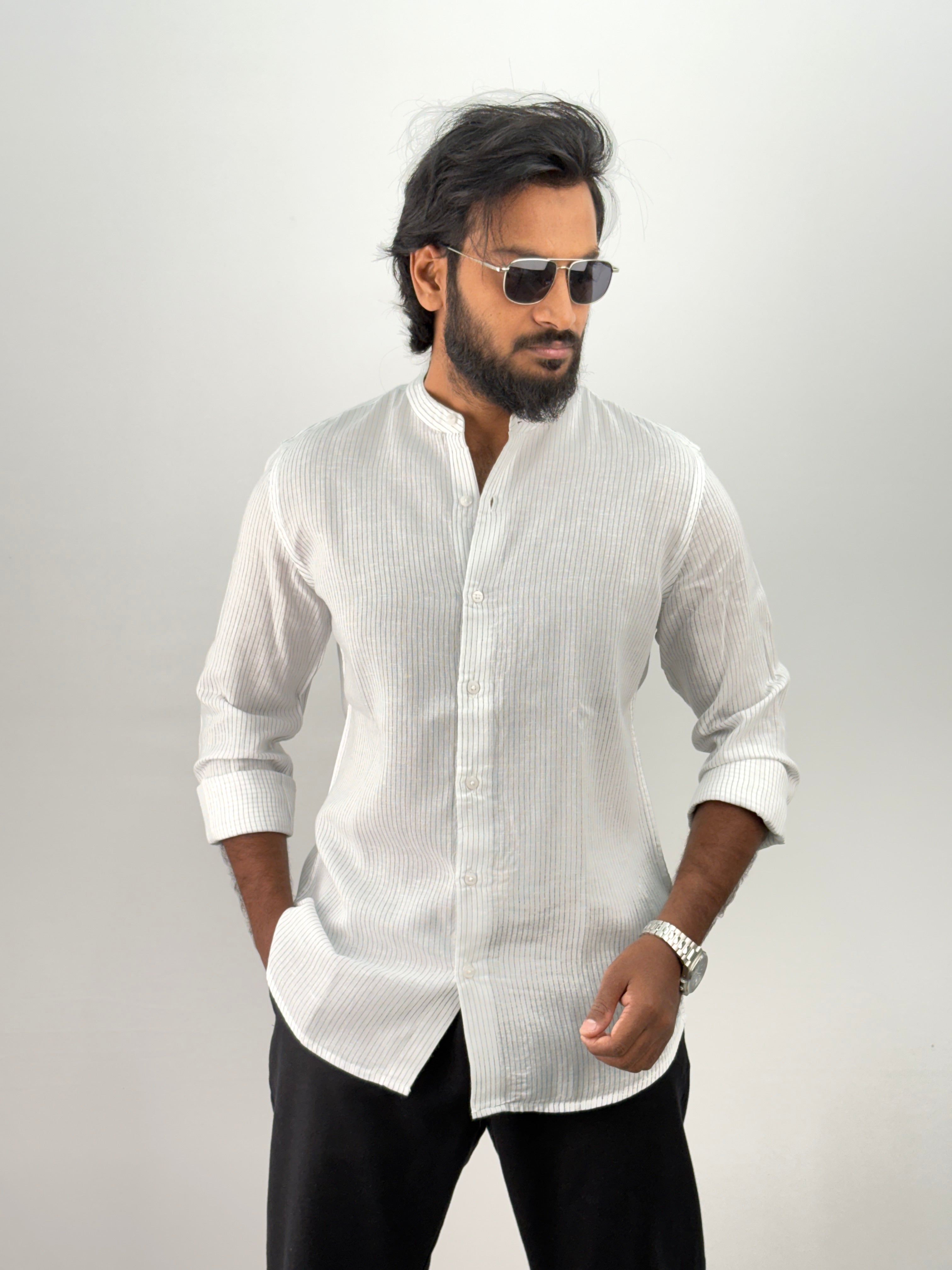 White Mandarin Linen Stripe Shirt