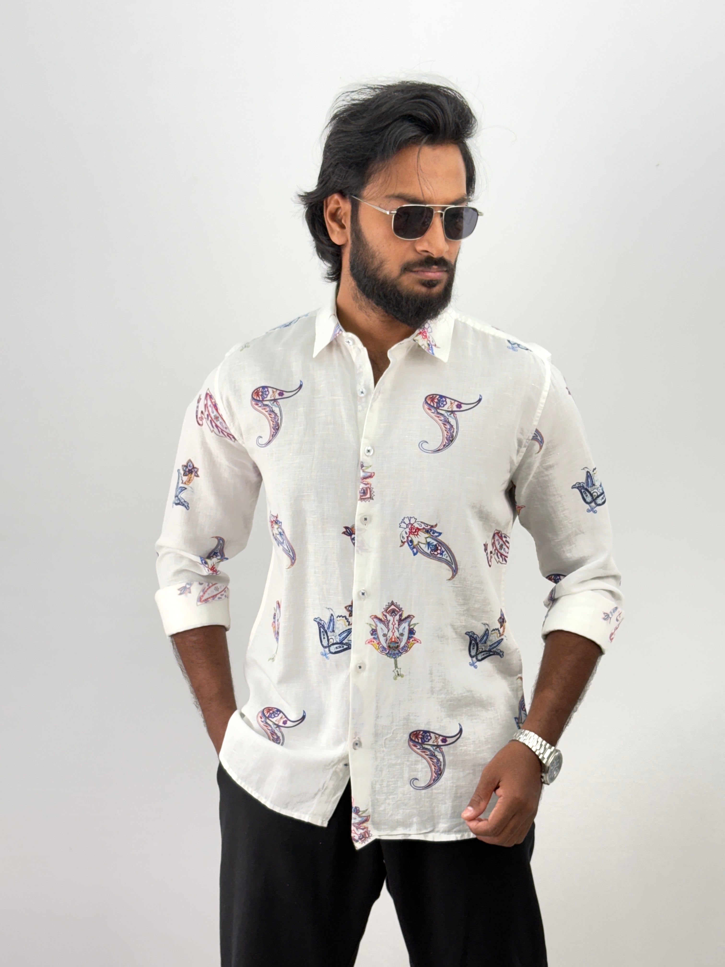 White Linen Printed Shirt