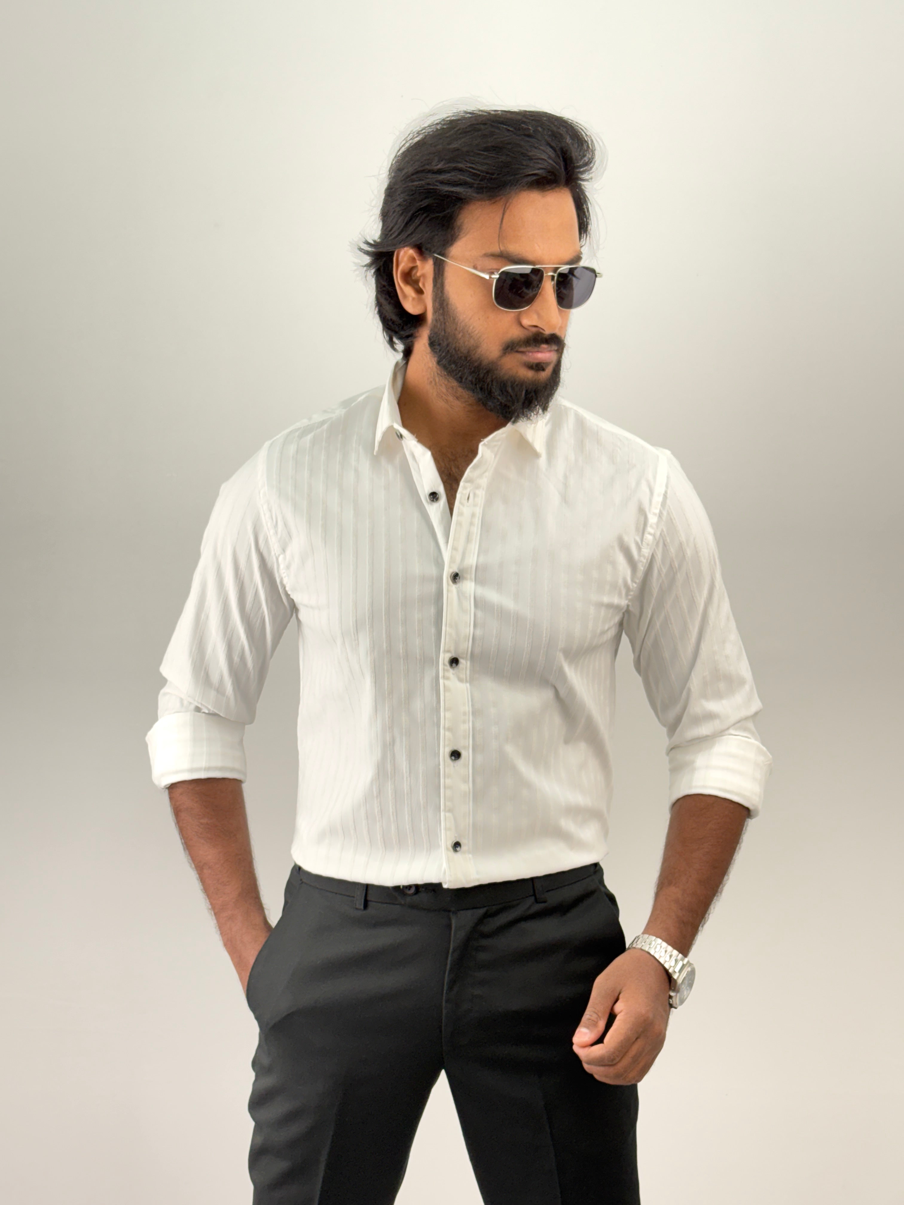 White Self Designer Stripe Shirt