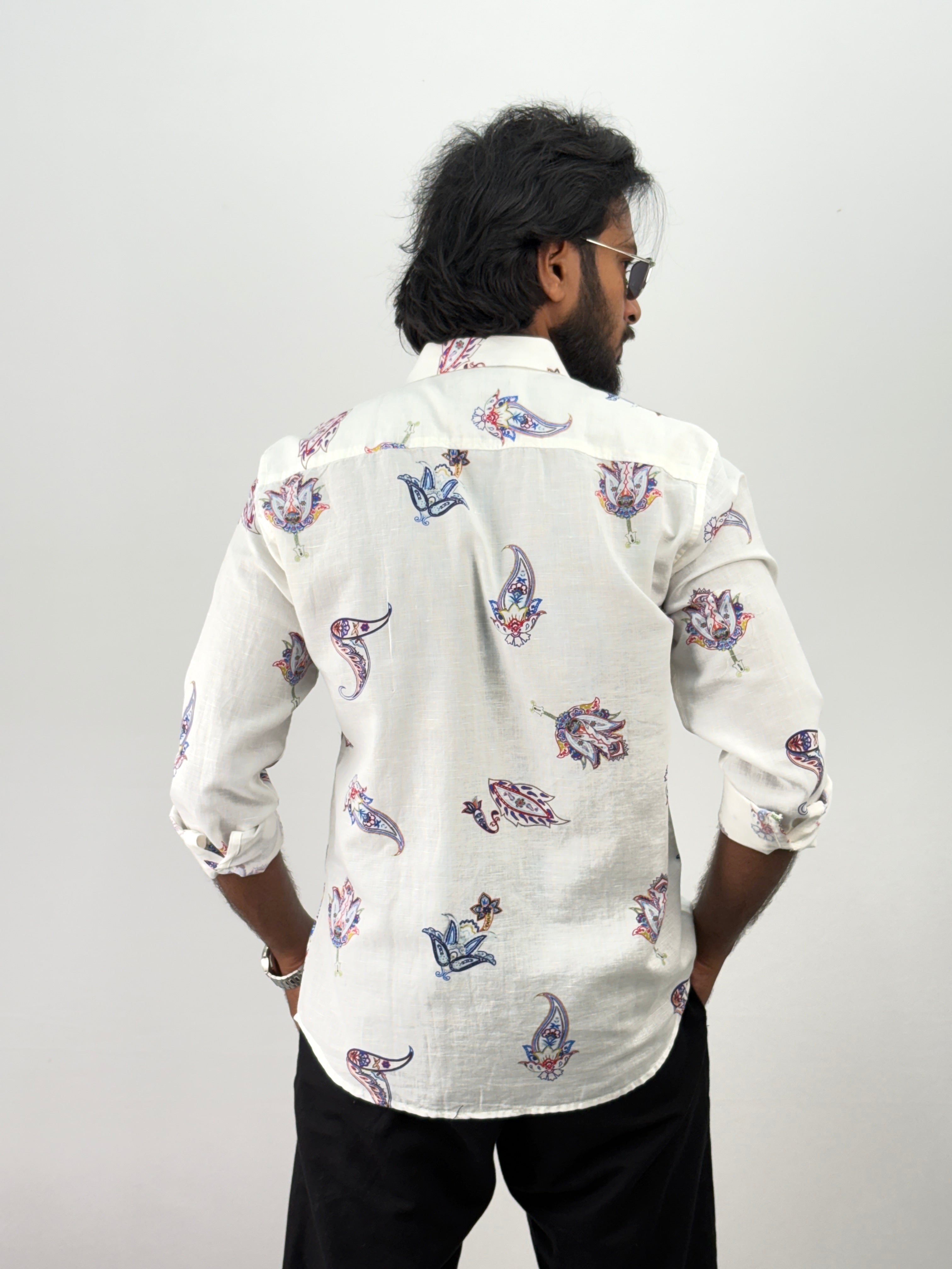White Linen Printed Shirt