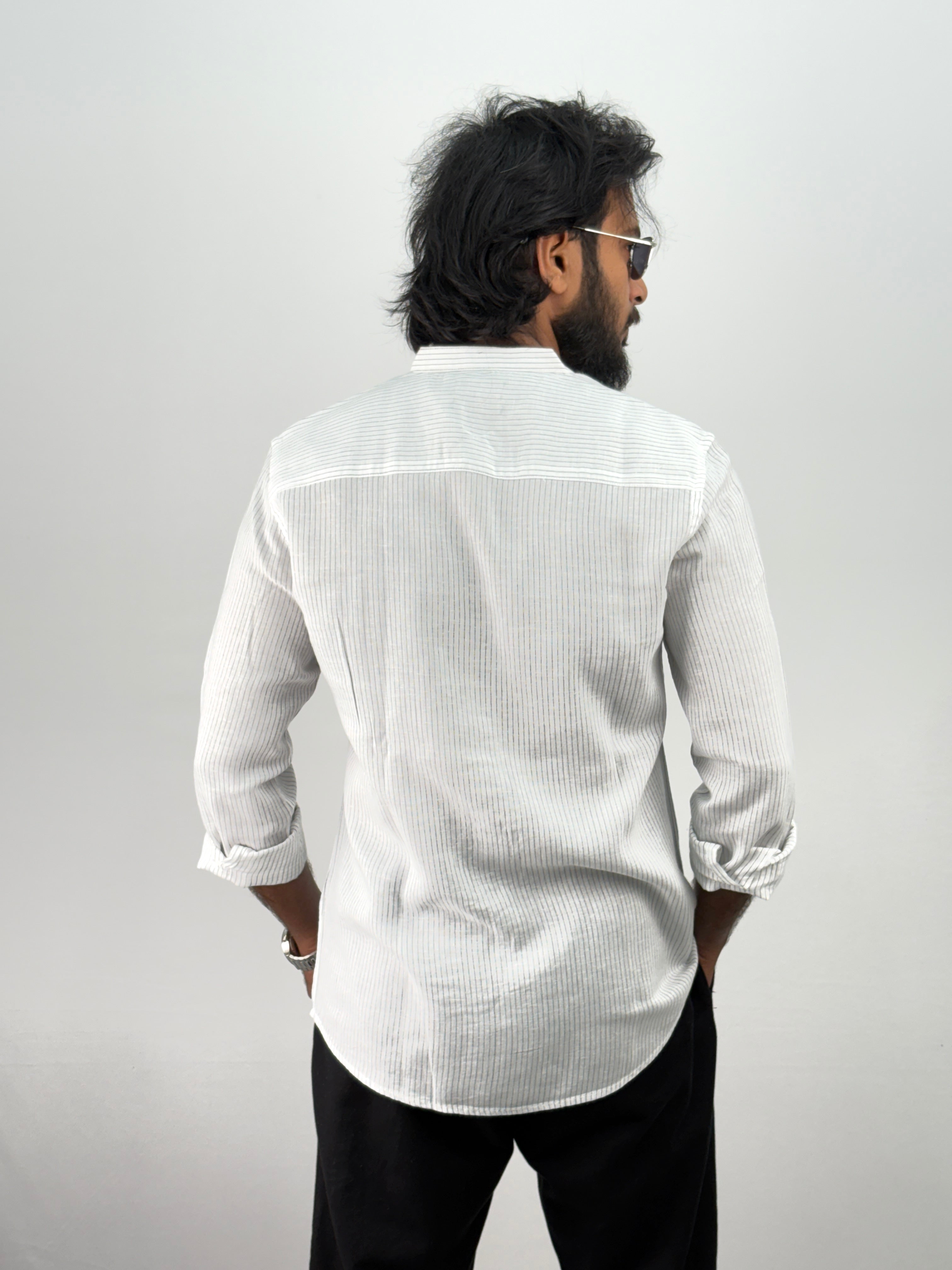 White Mandarin Linen Stripe Shirt