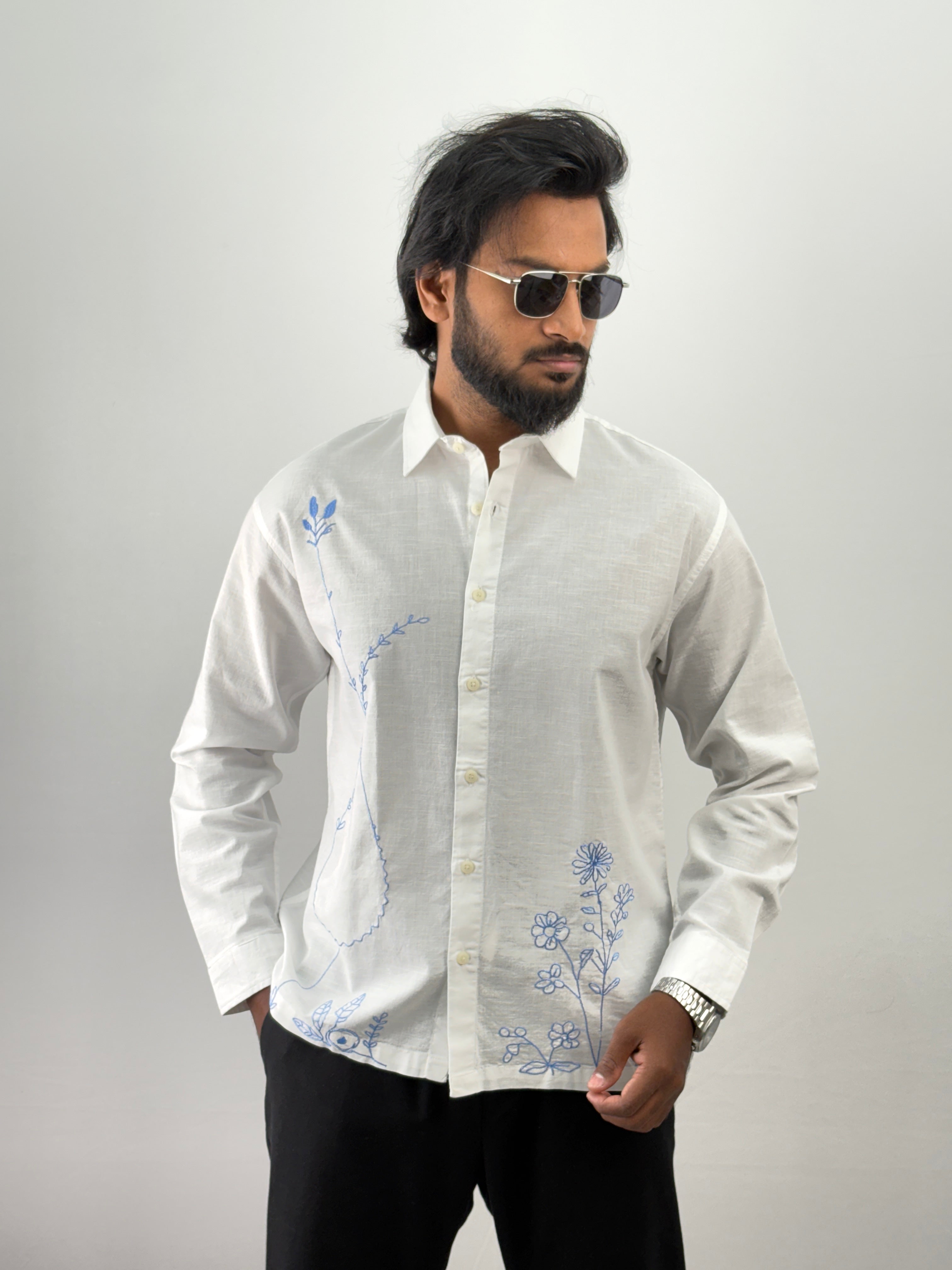 White Blue Linen Embroidery Shirt