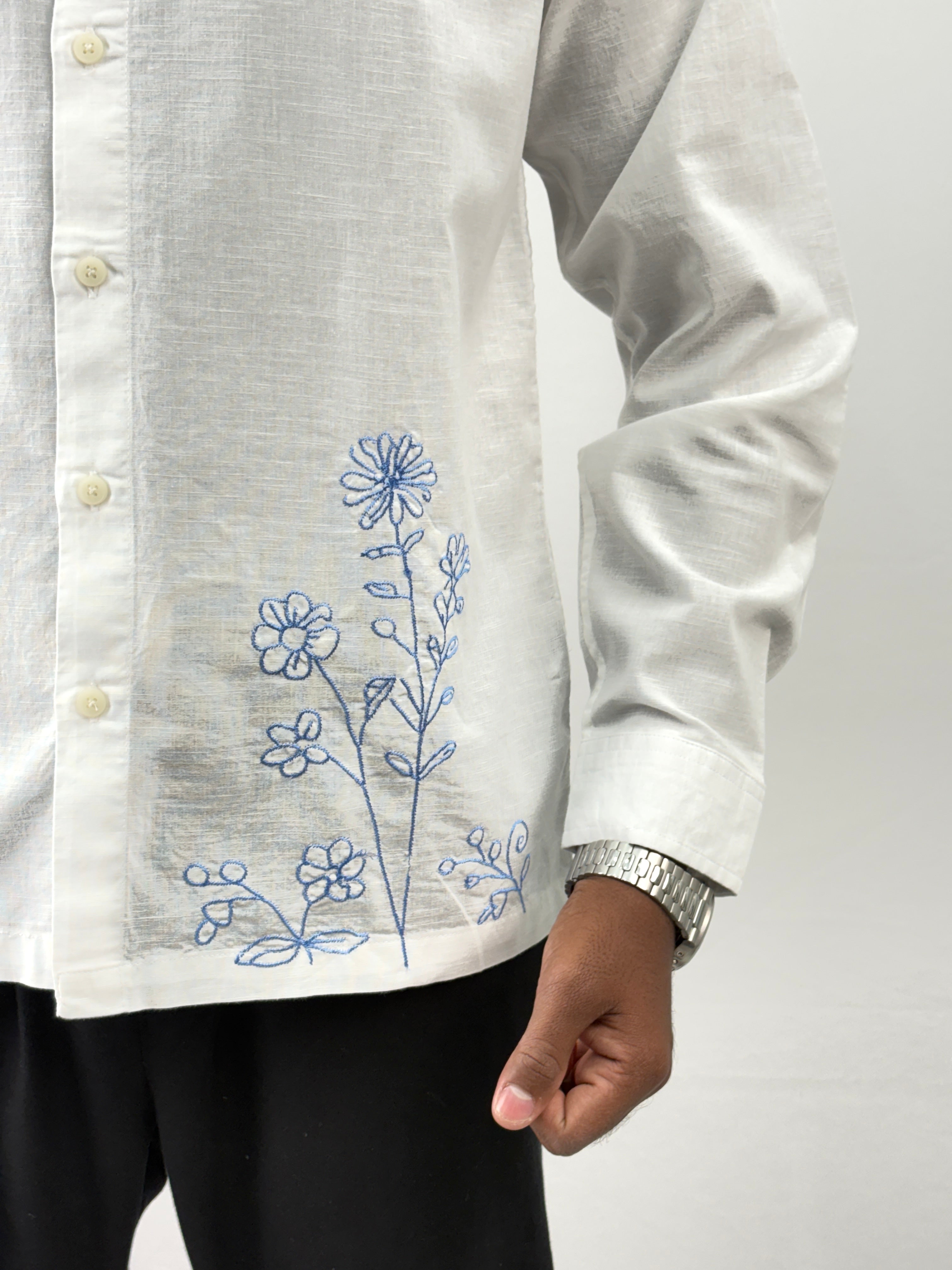 White Blue Linen Embroidery Shirt
