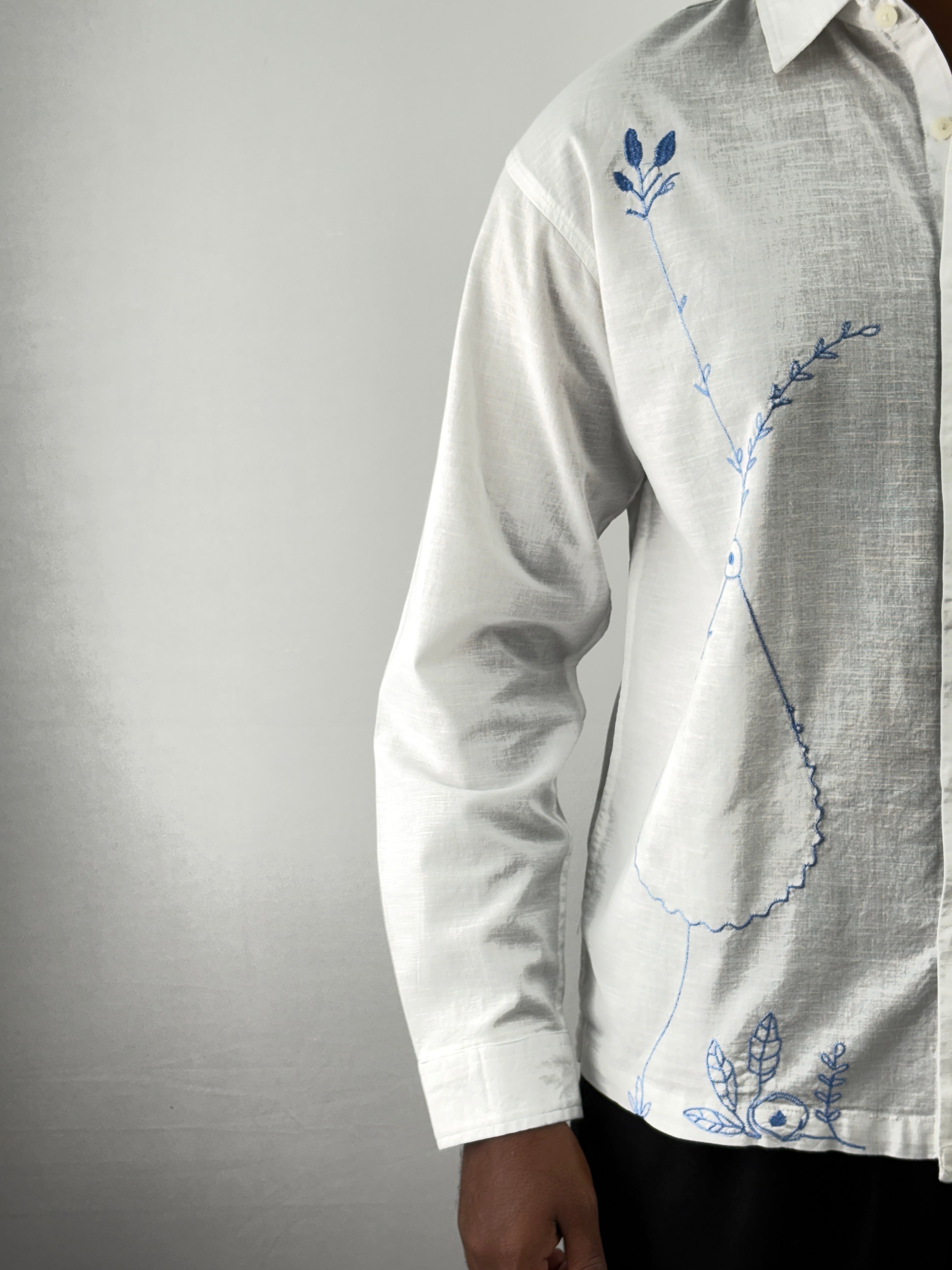 White Blue Linen Embroidery Shirt