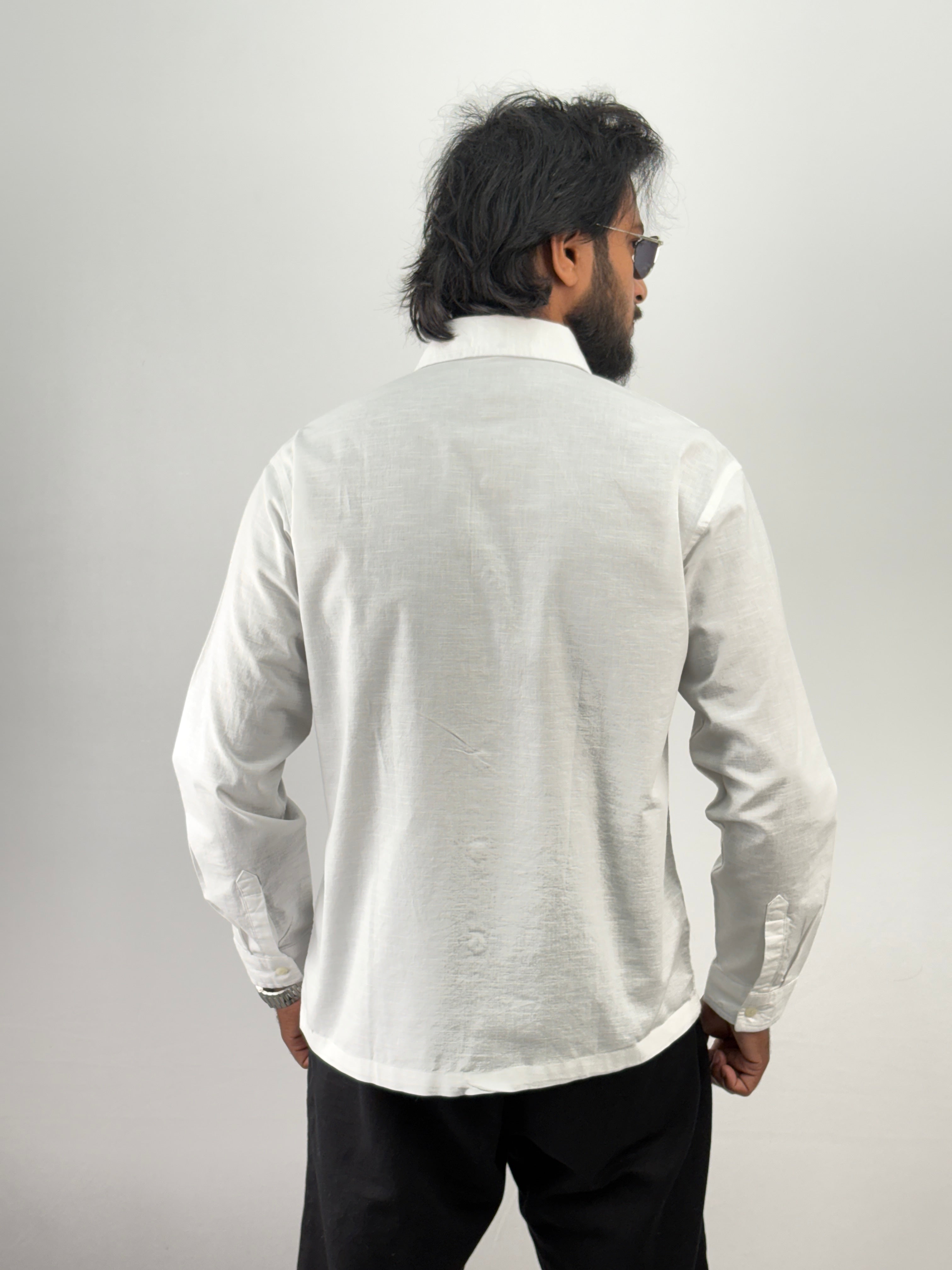 White Blue Linen Embroidery Shirt