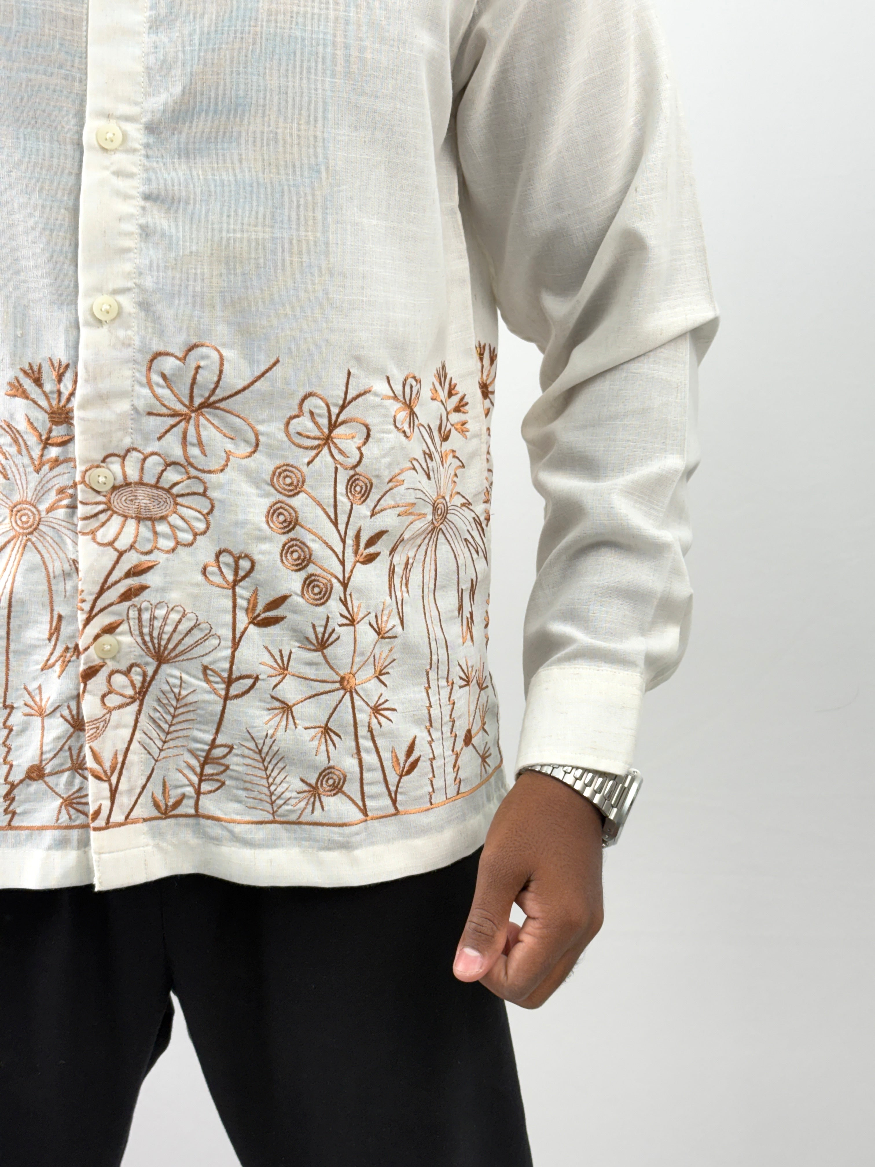 White Brown Linen Embroidery Shirt
