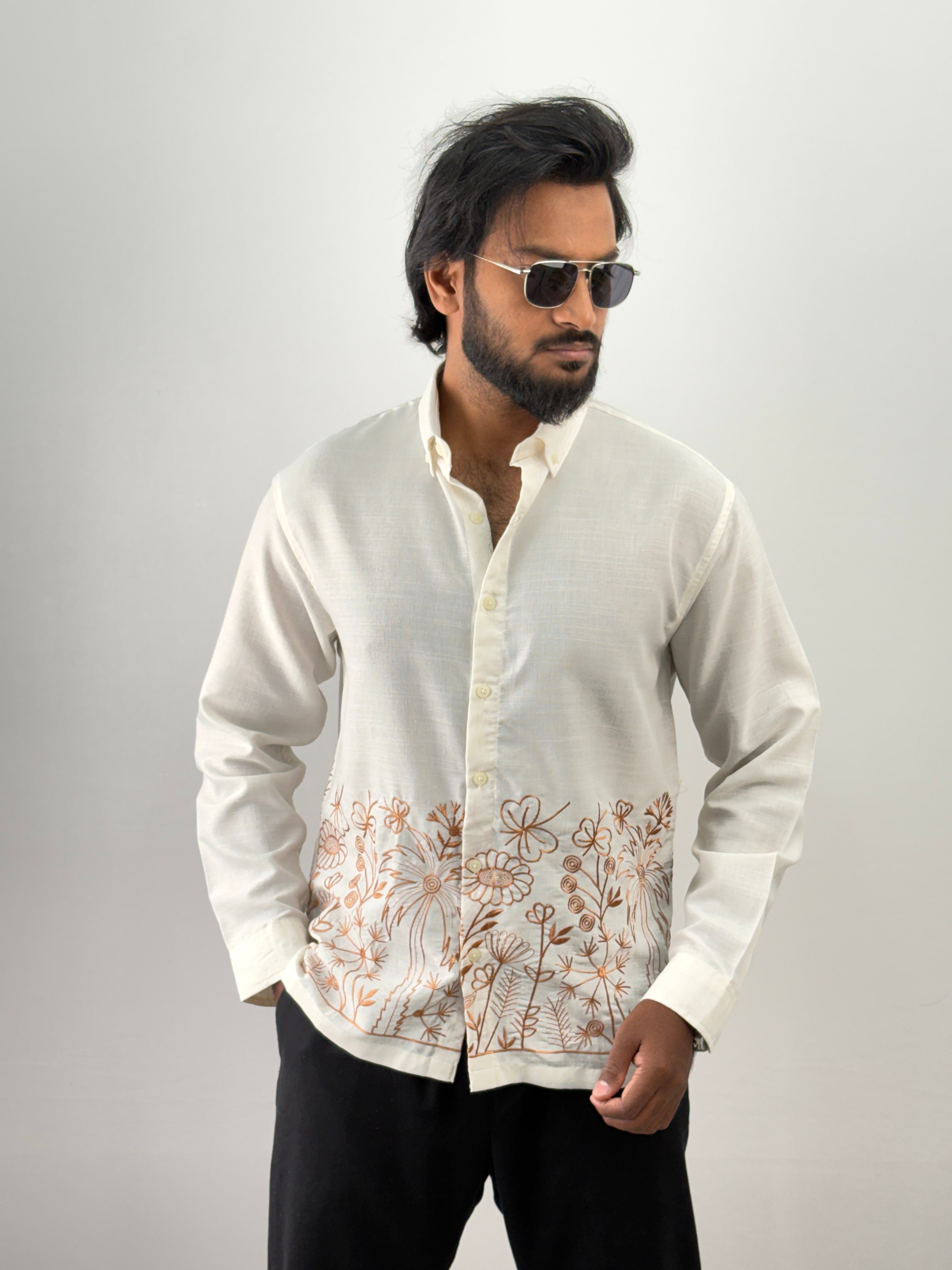 White Brown Linen Embroidery Shirt