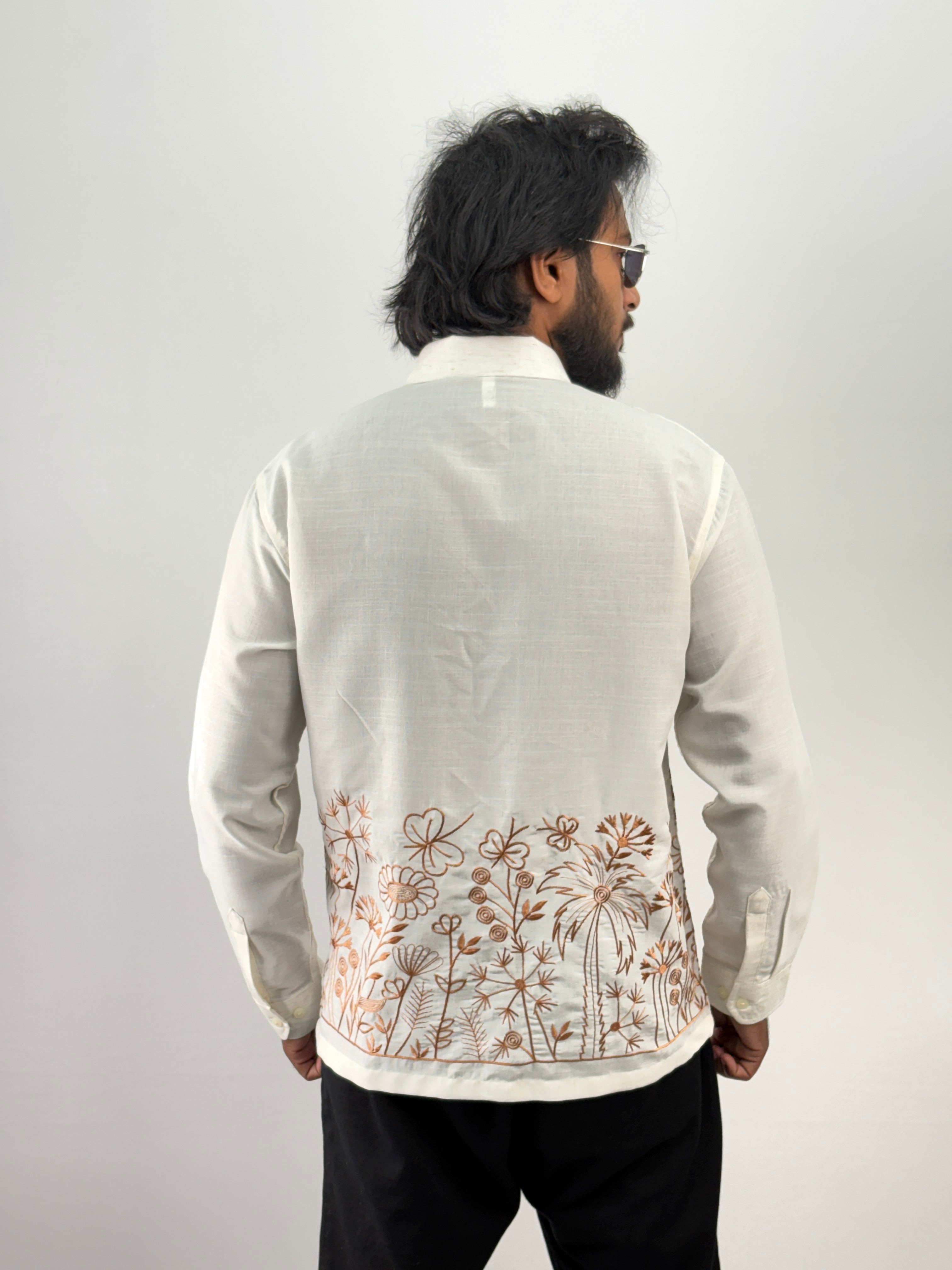 White Brown Linen Embroidery Shirt