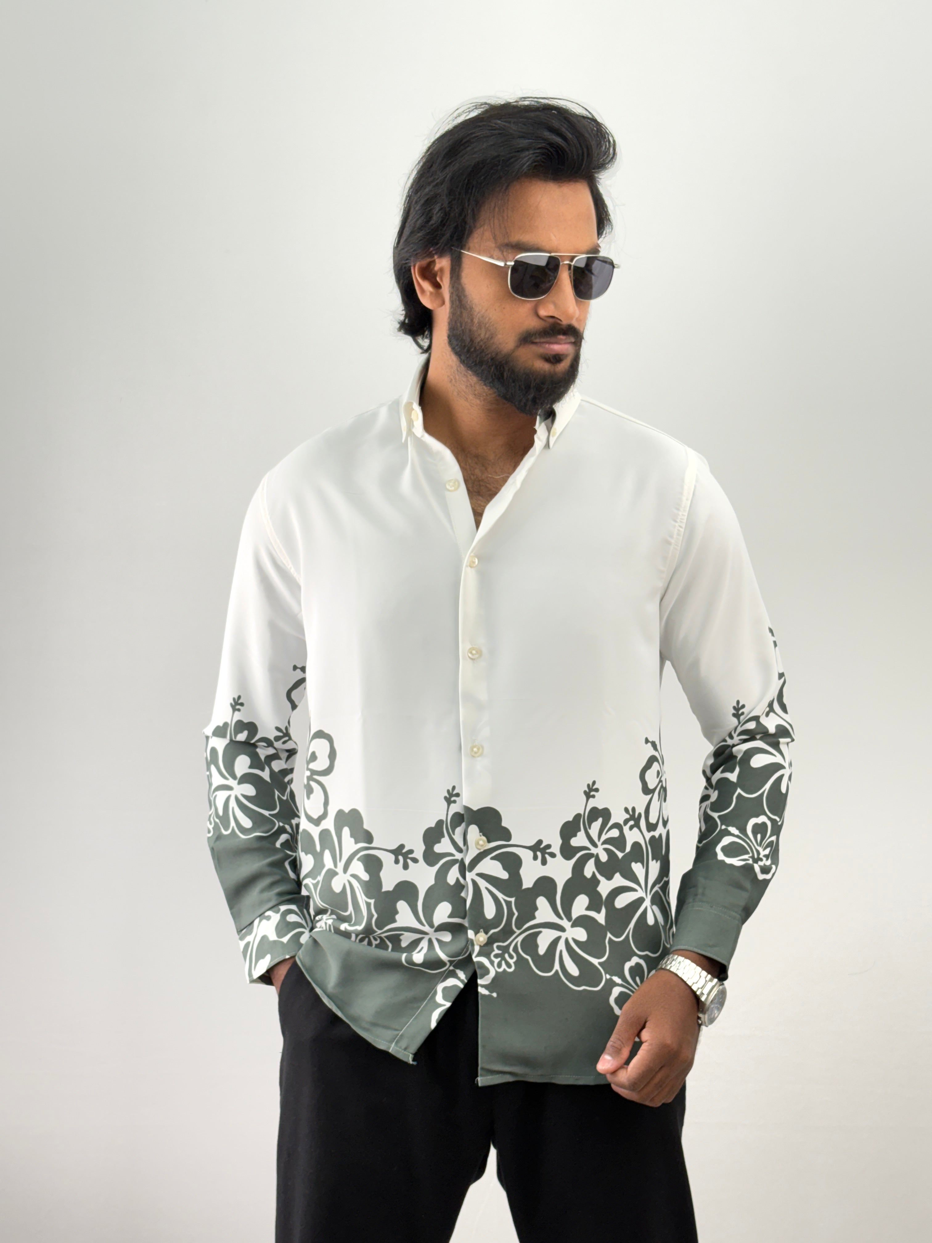 White Green Printed Shirt