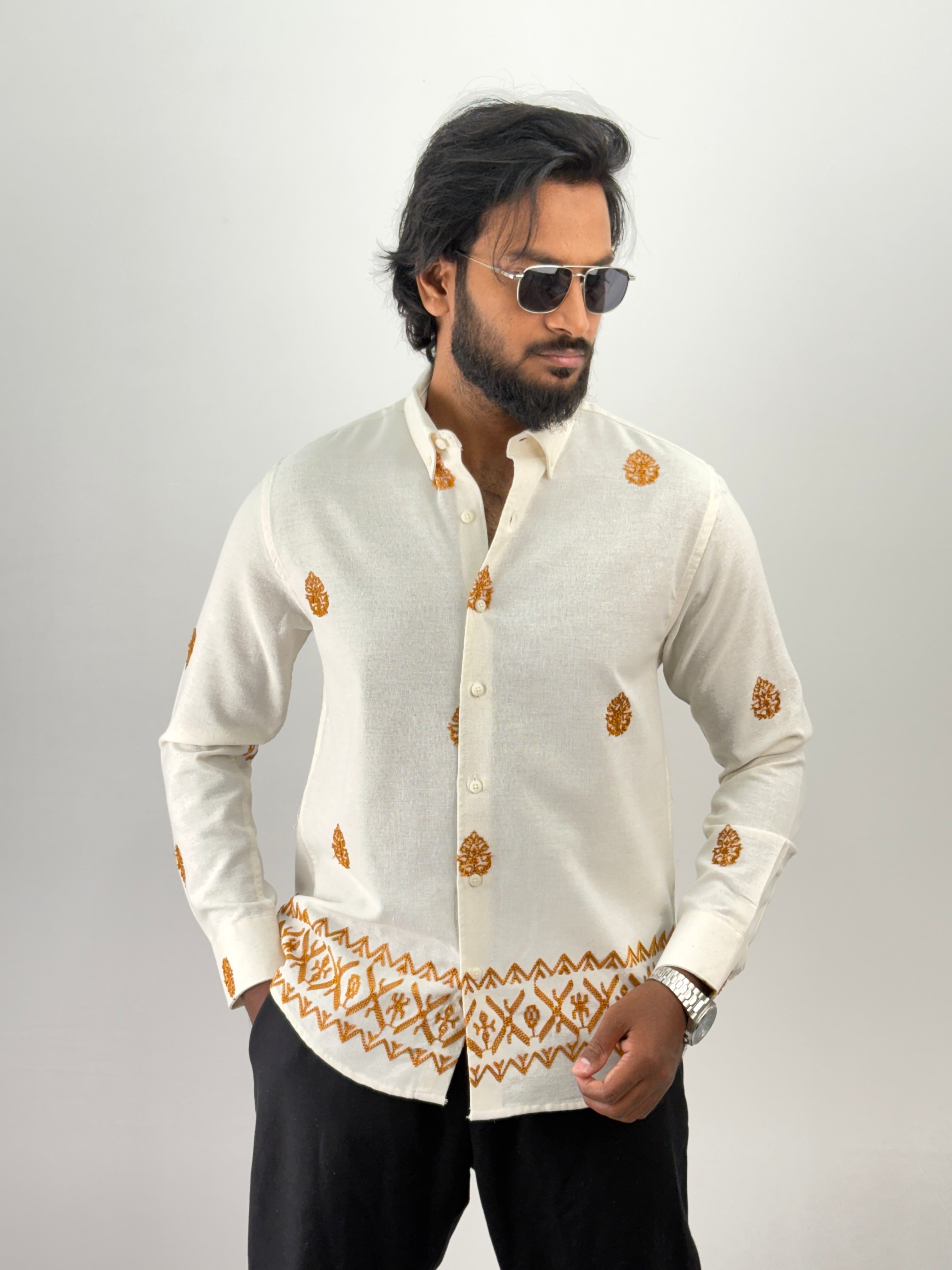 White Brown Linen Embroidery Shirt 1