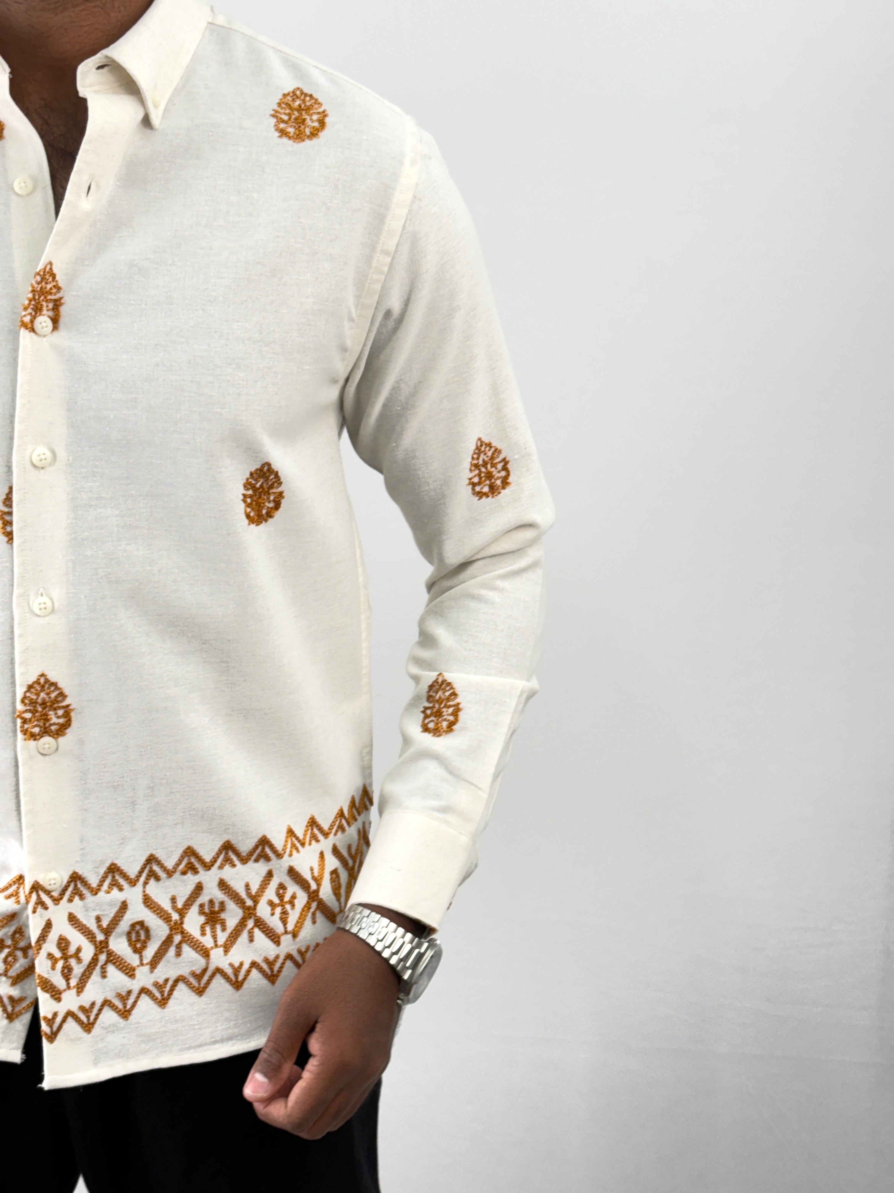 White Brown Linen Embroidery Shirt 1