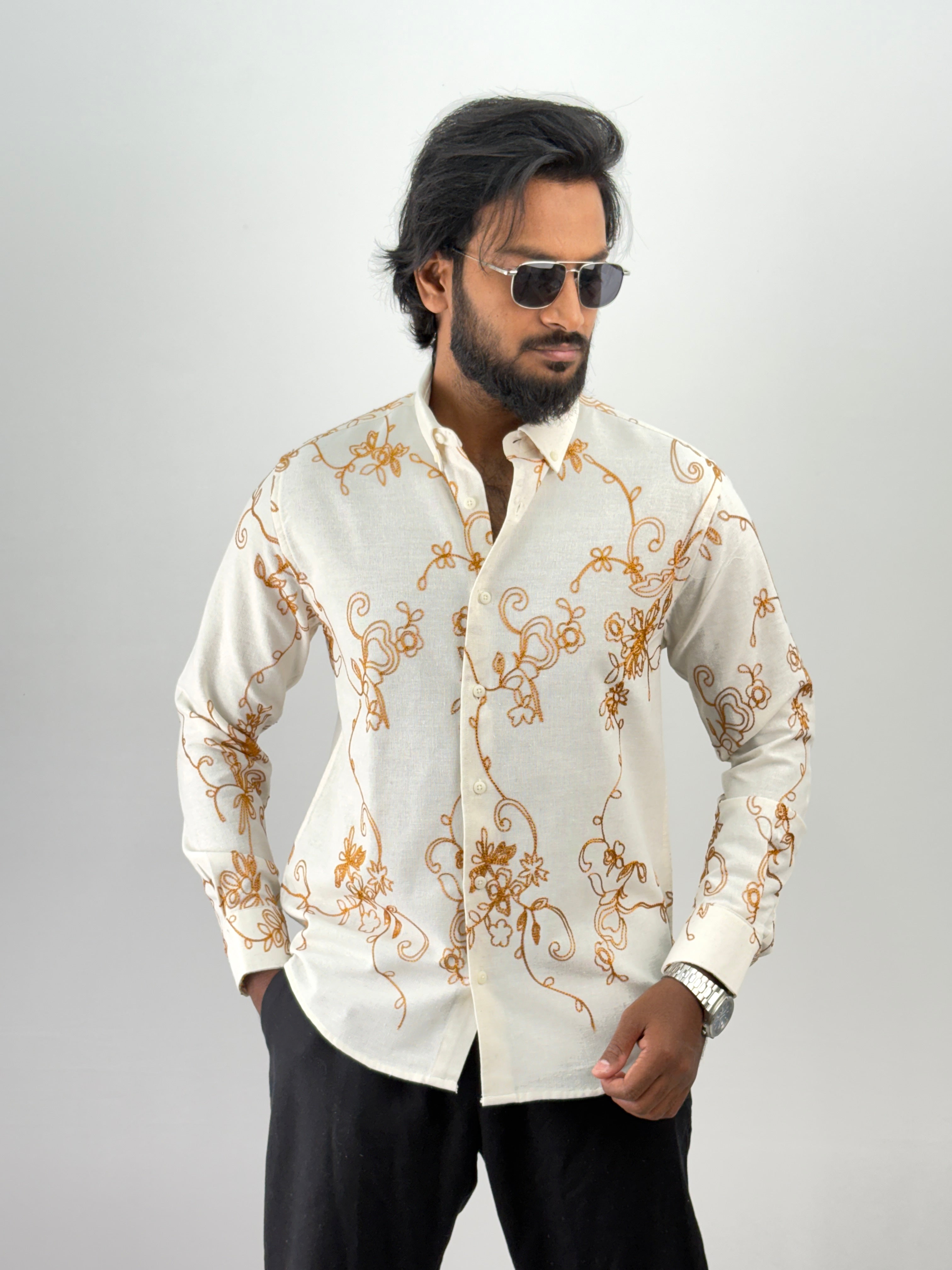 White Brown Linen Embroidery Shirt 2