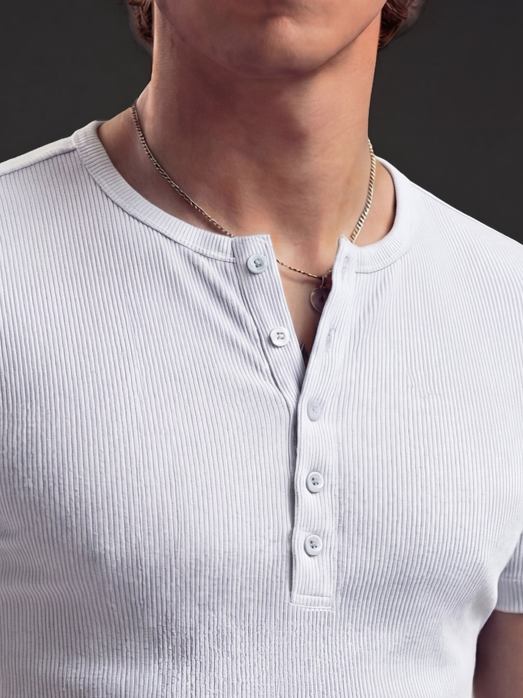 White Ribbed Henley Short Sleeves T-Shirt