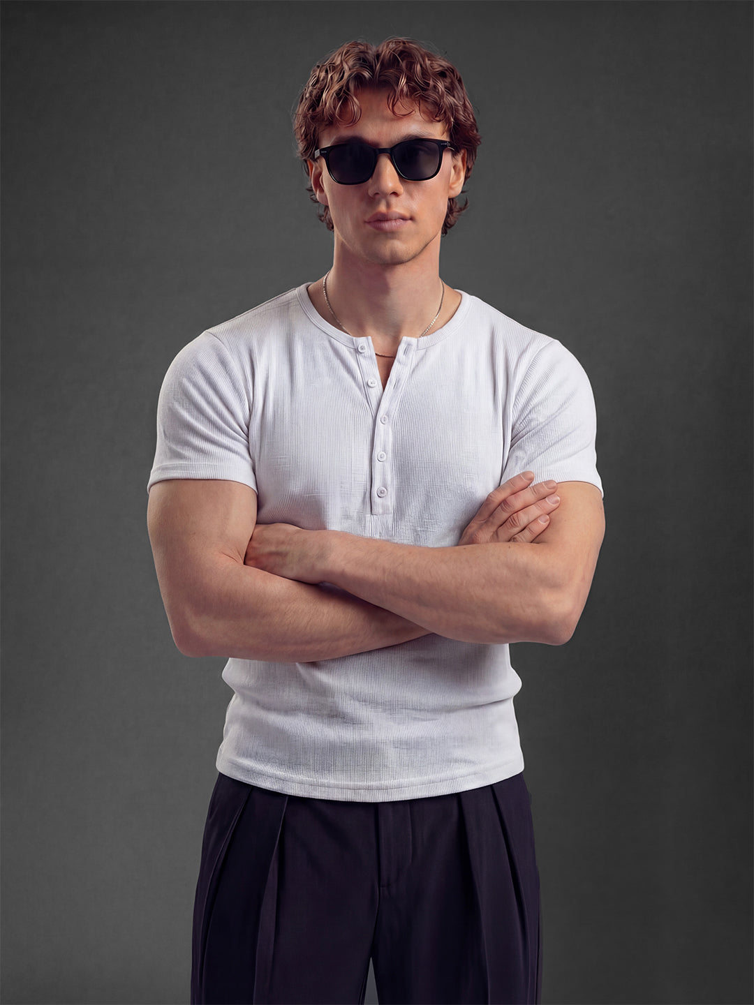 White Ribbed Henley Short Sleeves T-Shirt