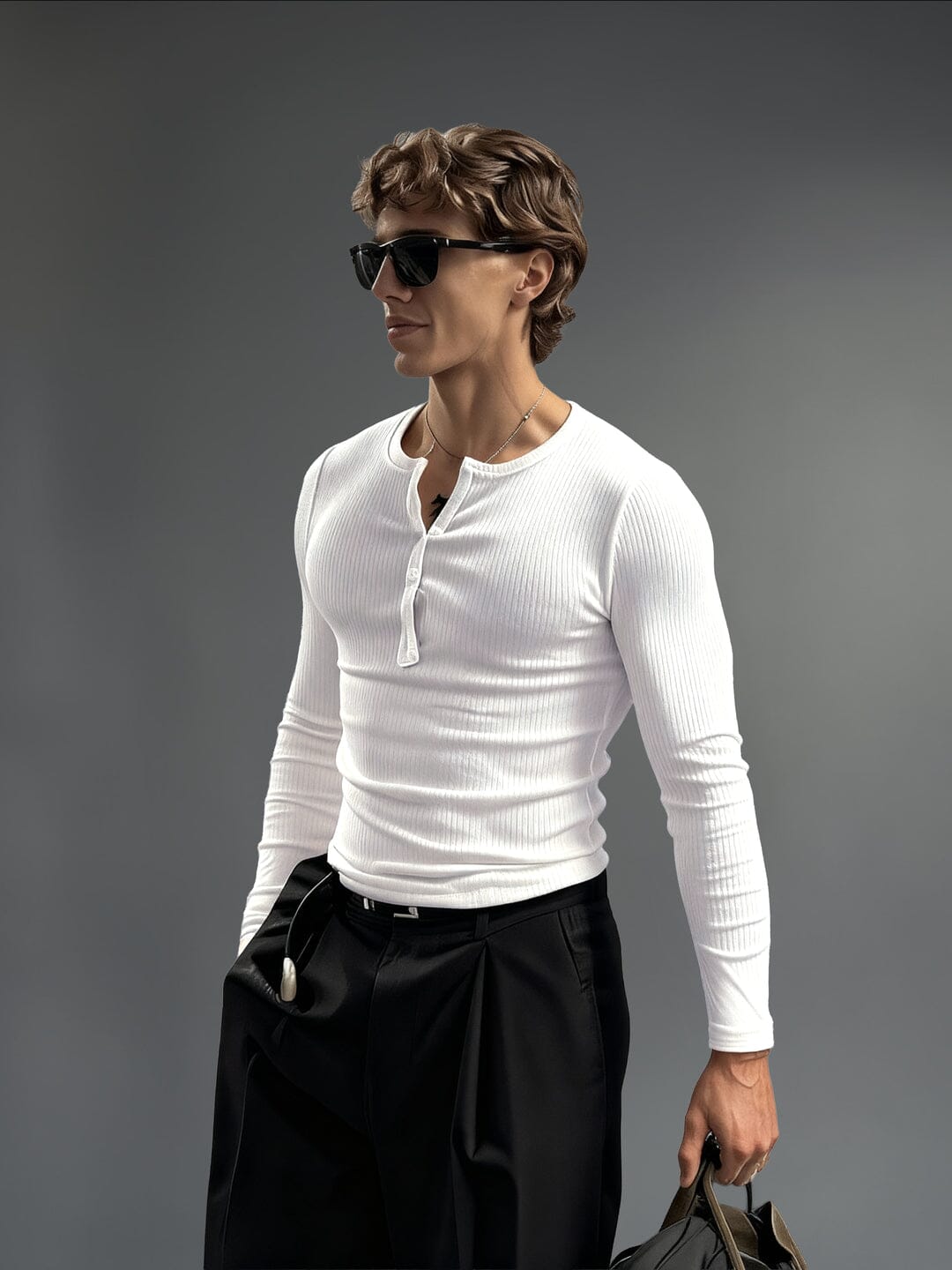 White Ribbed Henley Long Sleeve T-Shirt