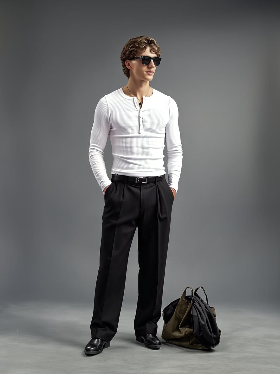White Ribbed Henley Long Sleeve T-Shirt