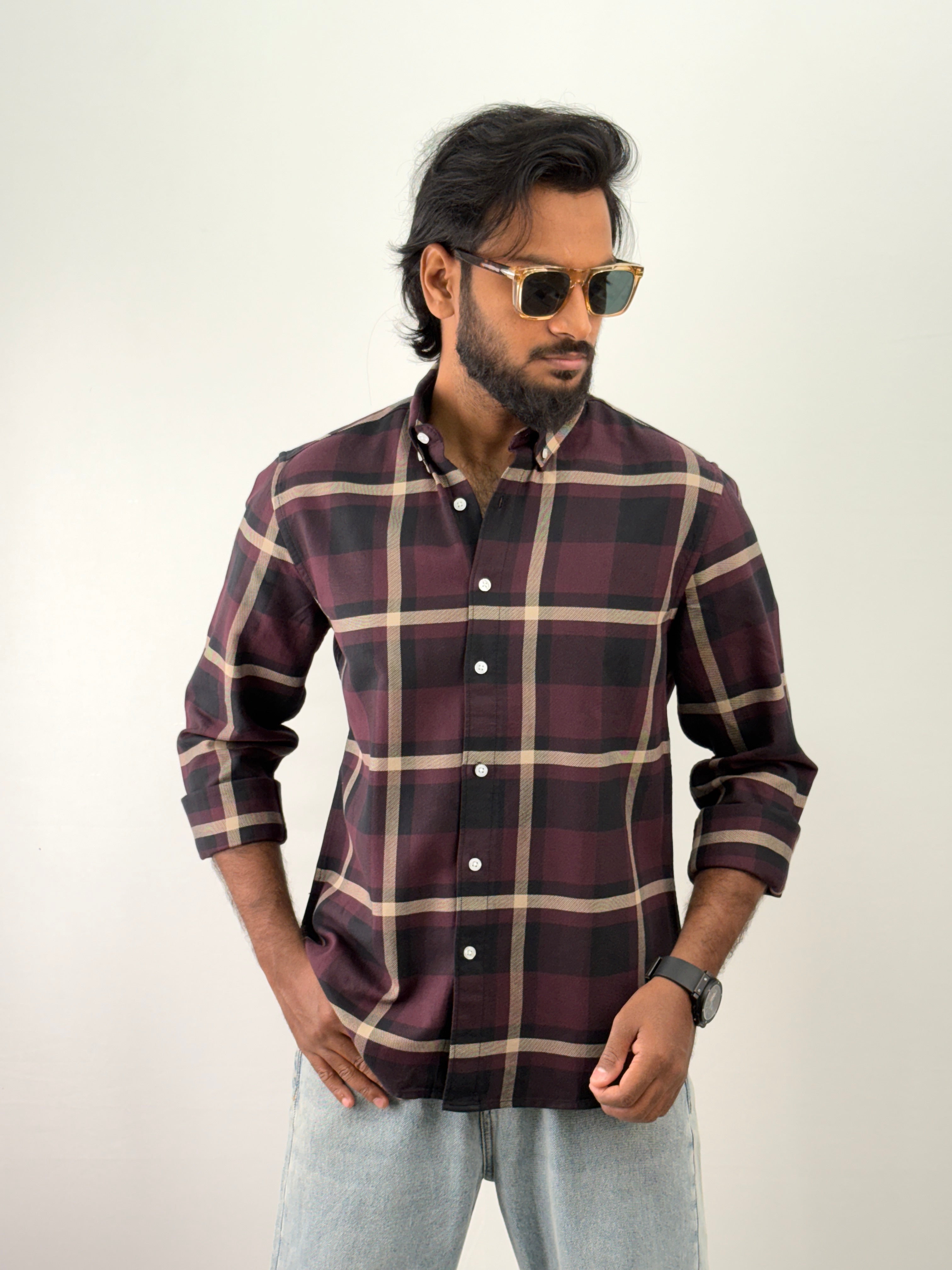 Wine Elbow Patch Flannel Shirt