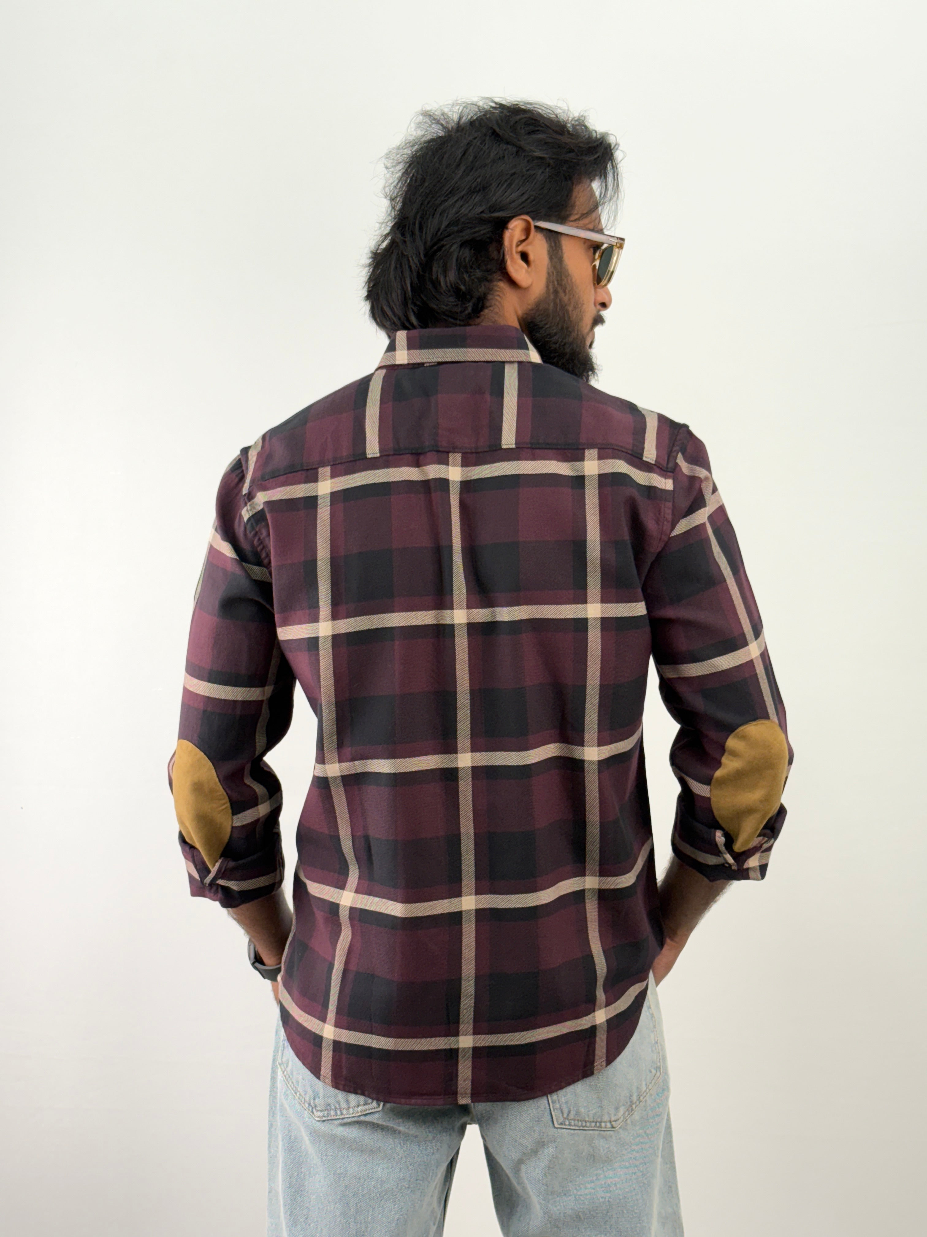 Wine Elbow Patch Flannel Shirt