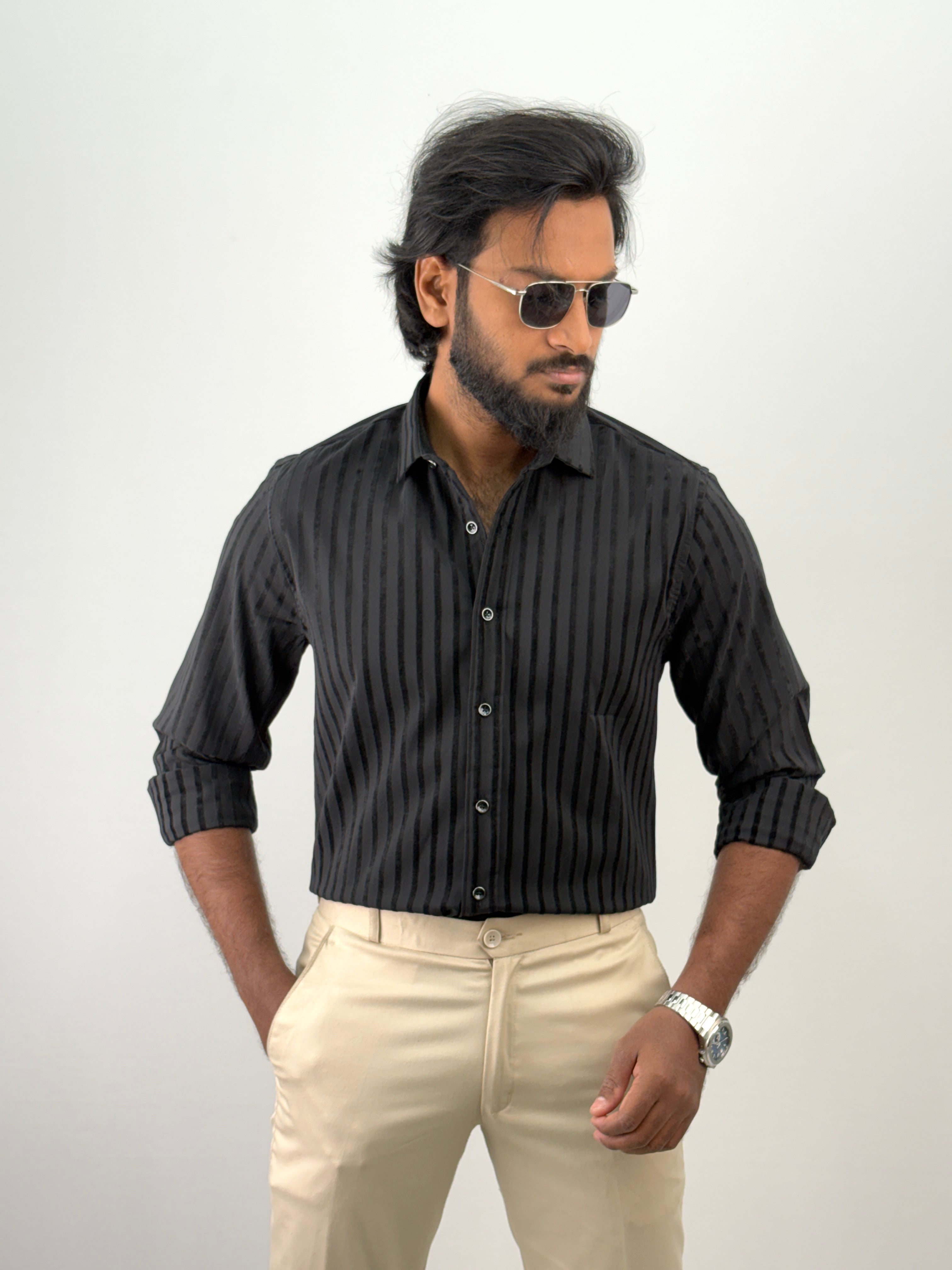 Black Self Designer Stripe Shirt