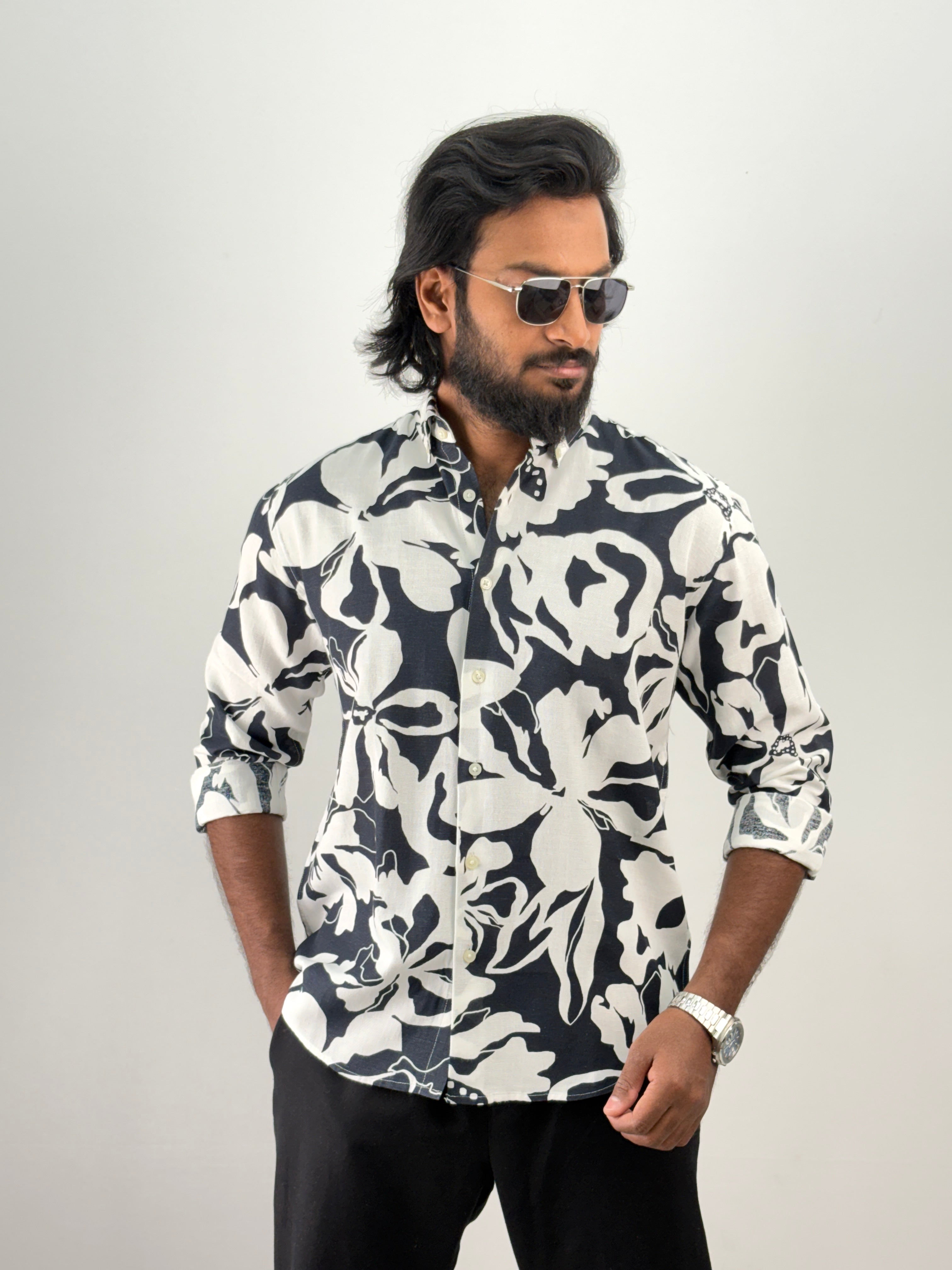 Black Linen Printed Shirt