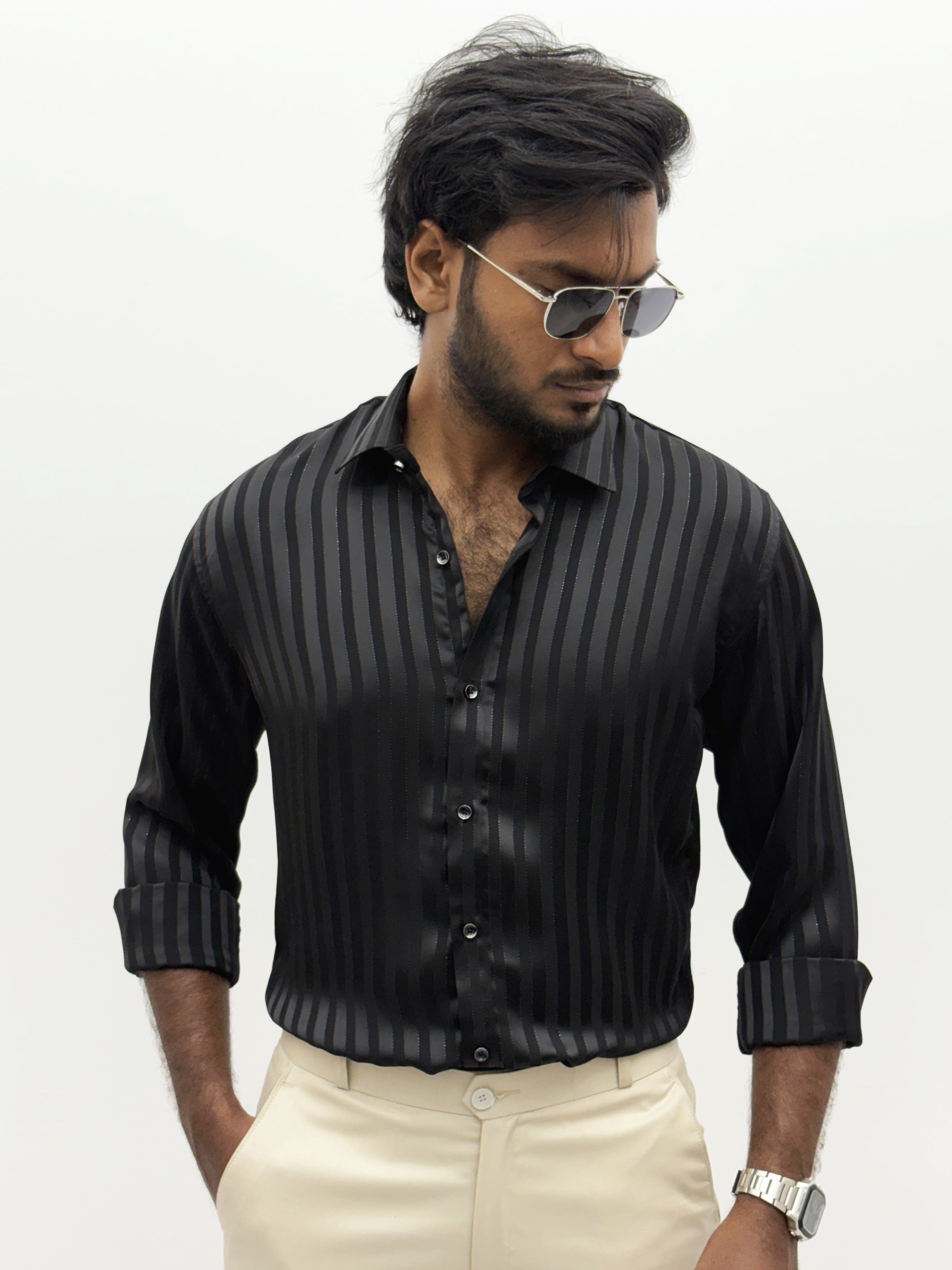 Black Designer Self Stripe Shirt