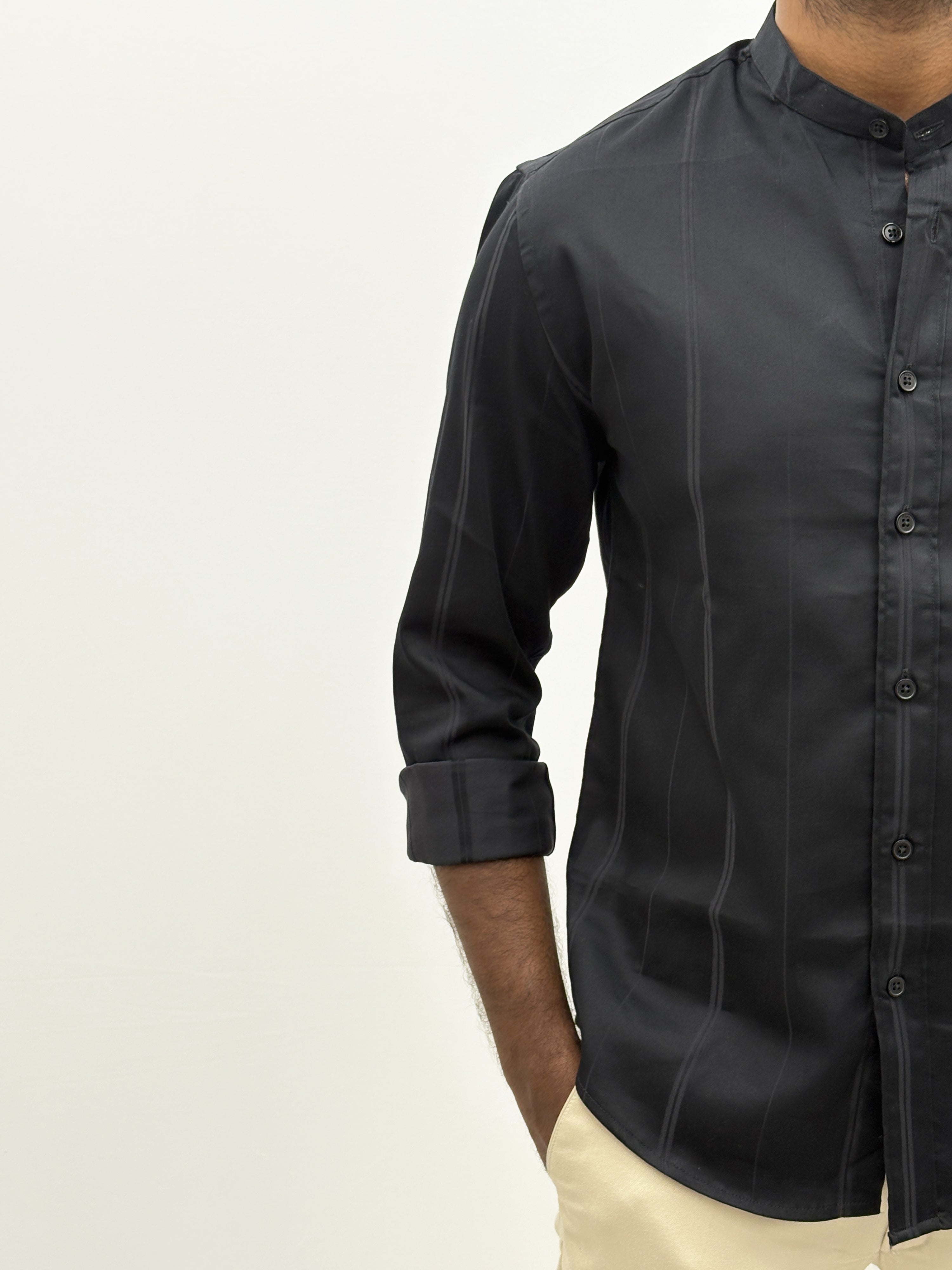 Black Mandrian Collar Shirt