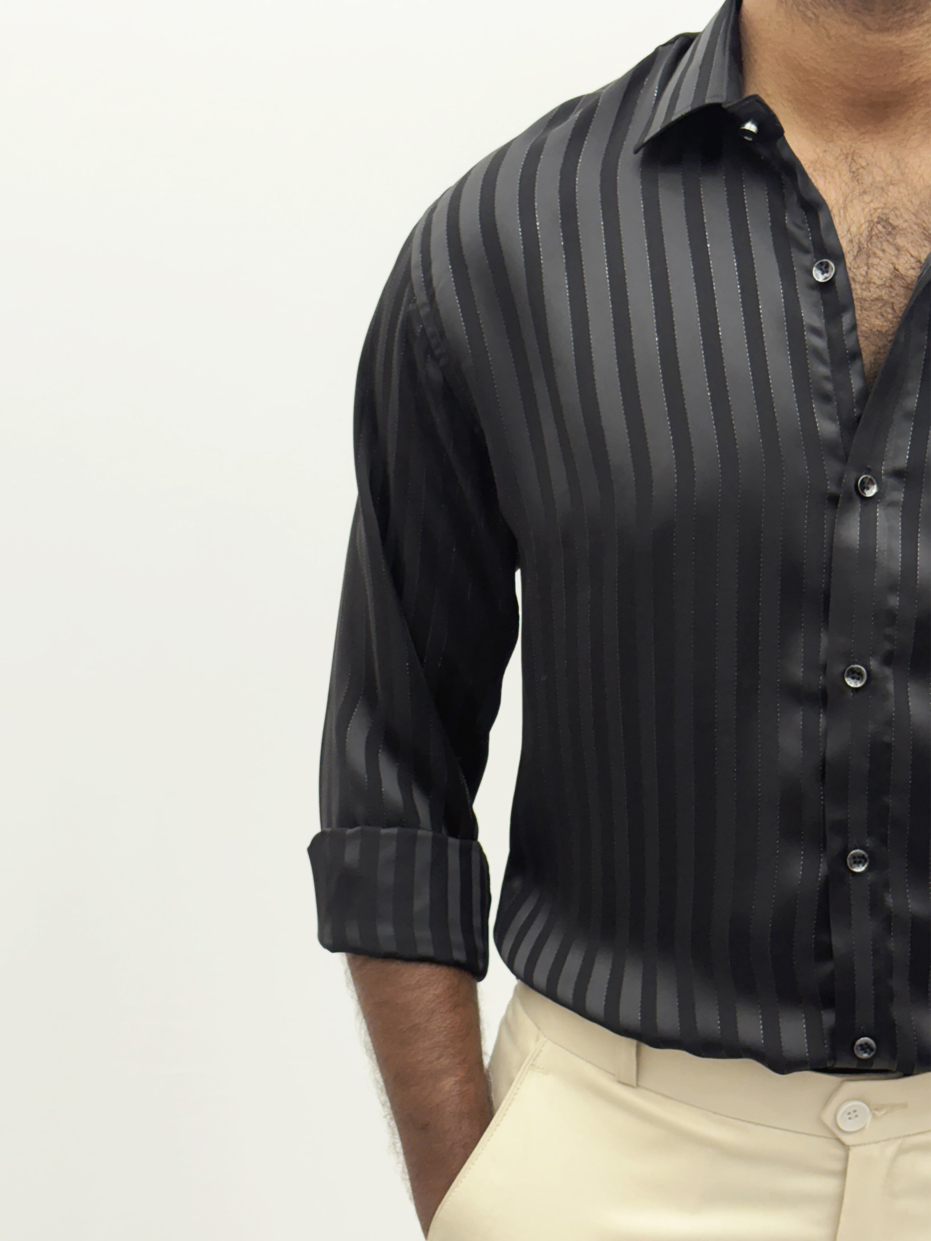 Black Designer Self Stripe Shirt