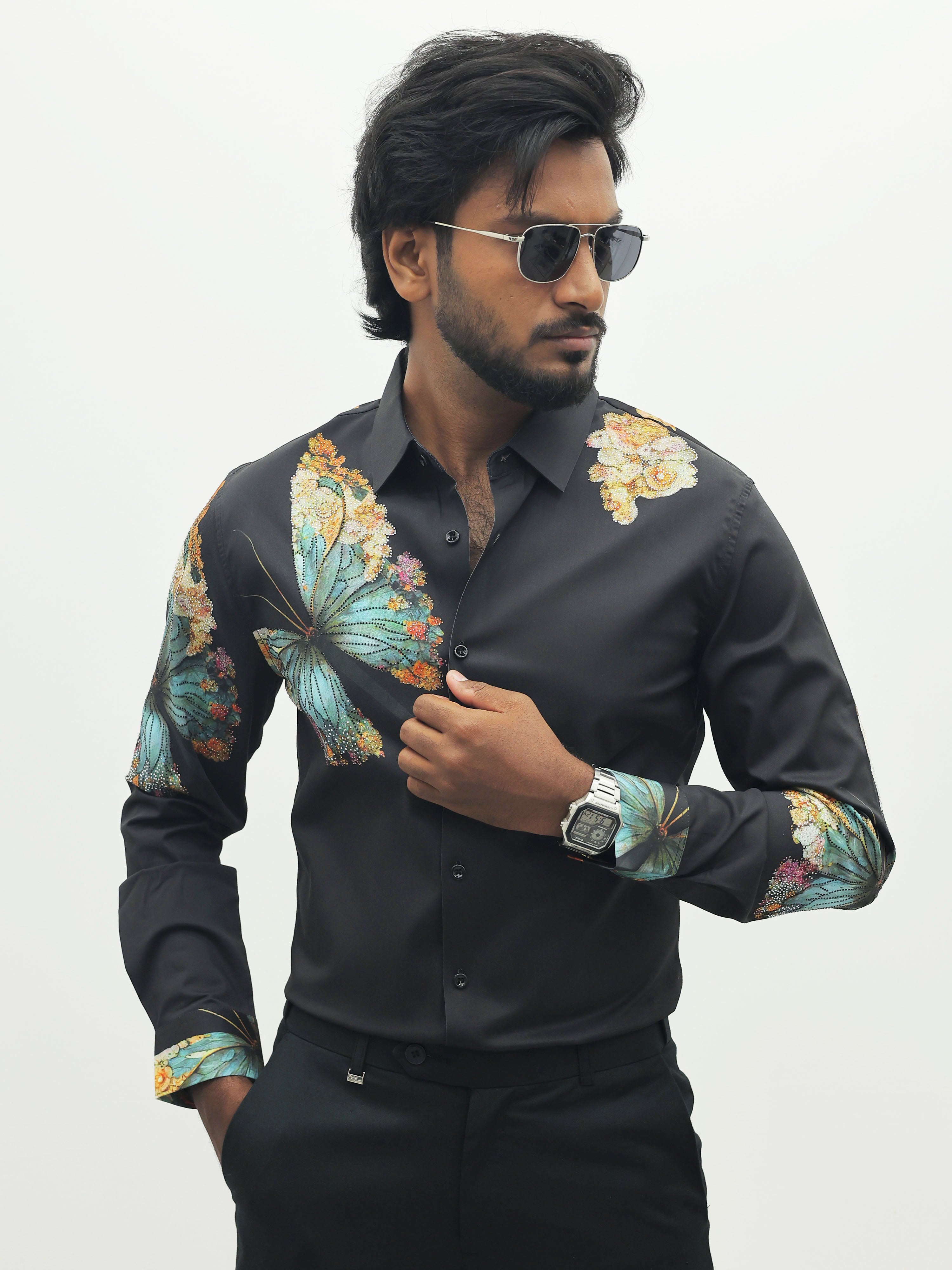 Black Butterfly IMP Designer Stone Work Shirt
