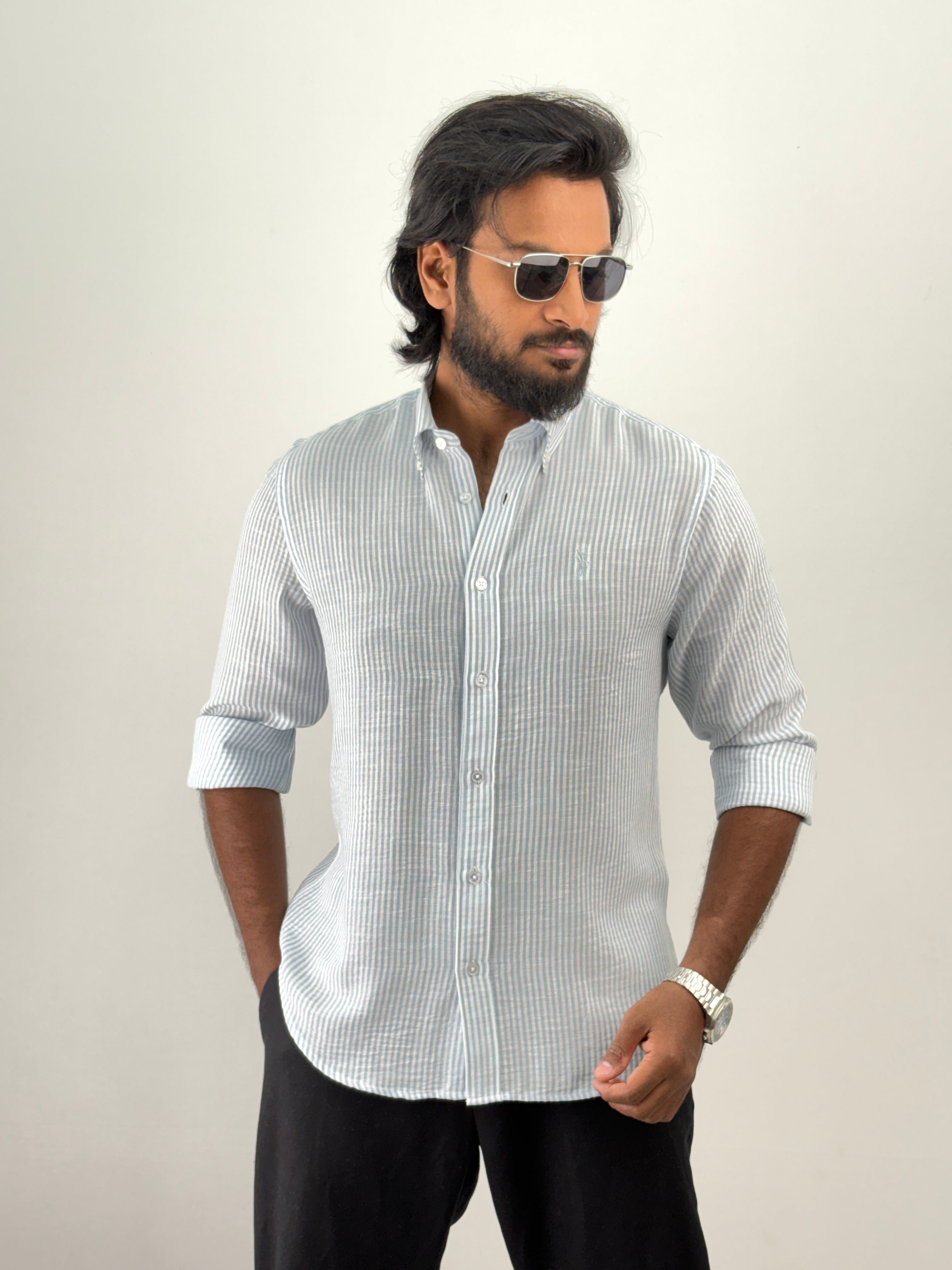 Blue Linen Stripe Shirt