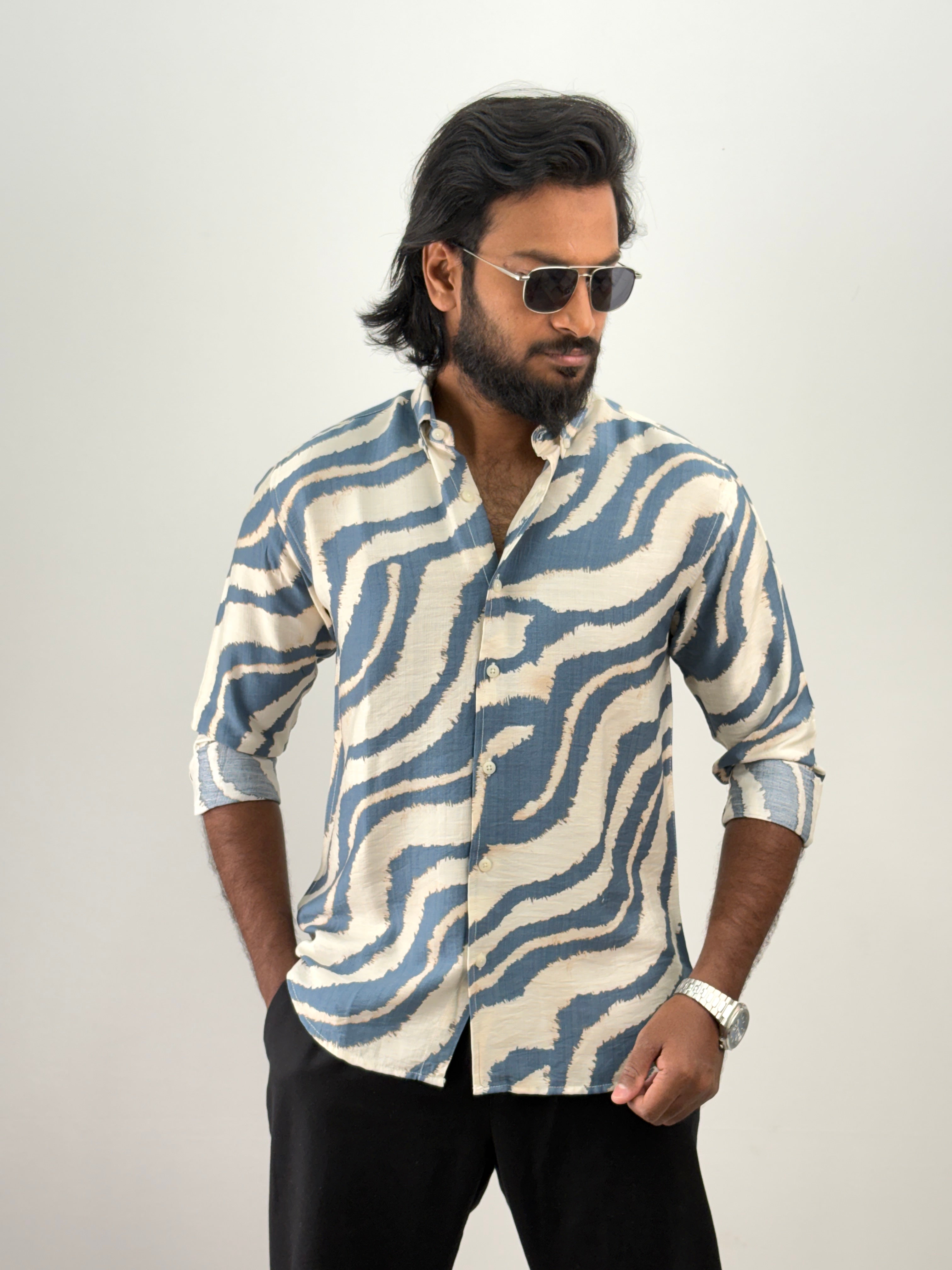 Blue Linen Printed Shirt