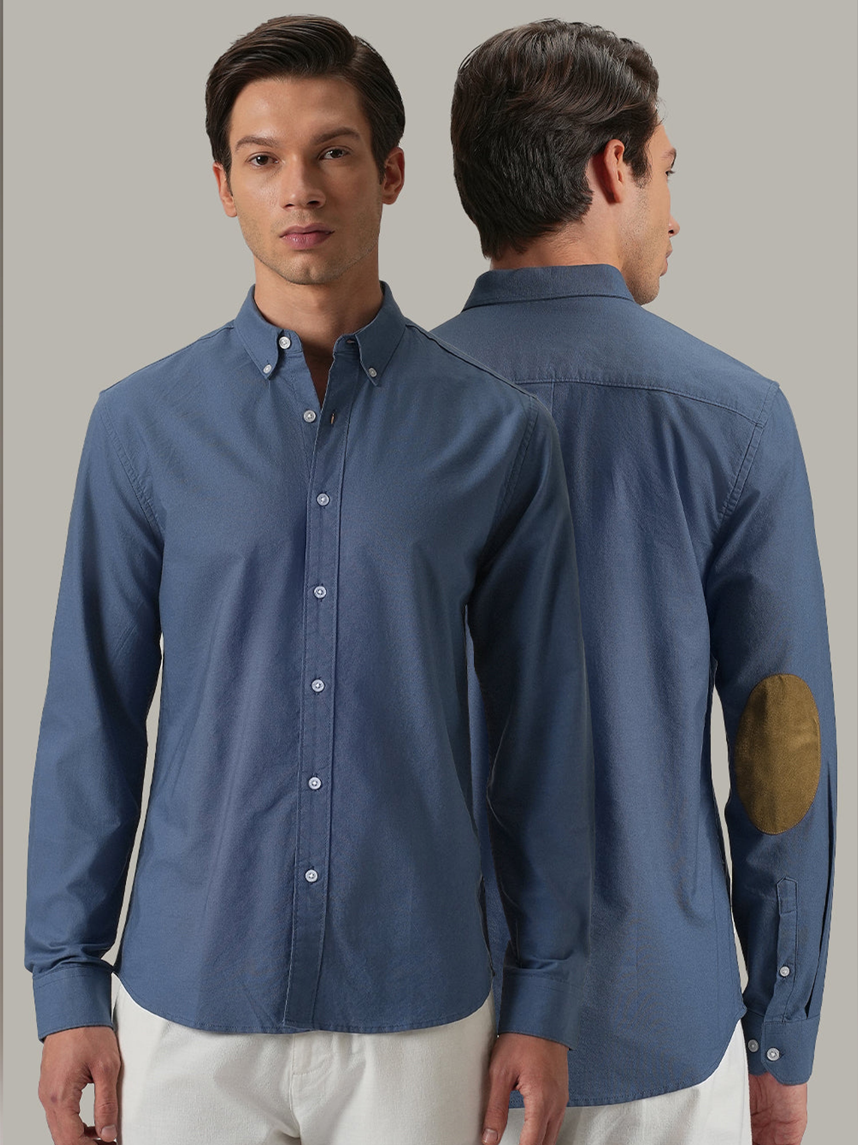 Blue Plain Elbow Patch Shirt