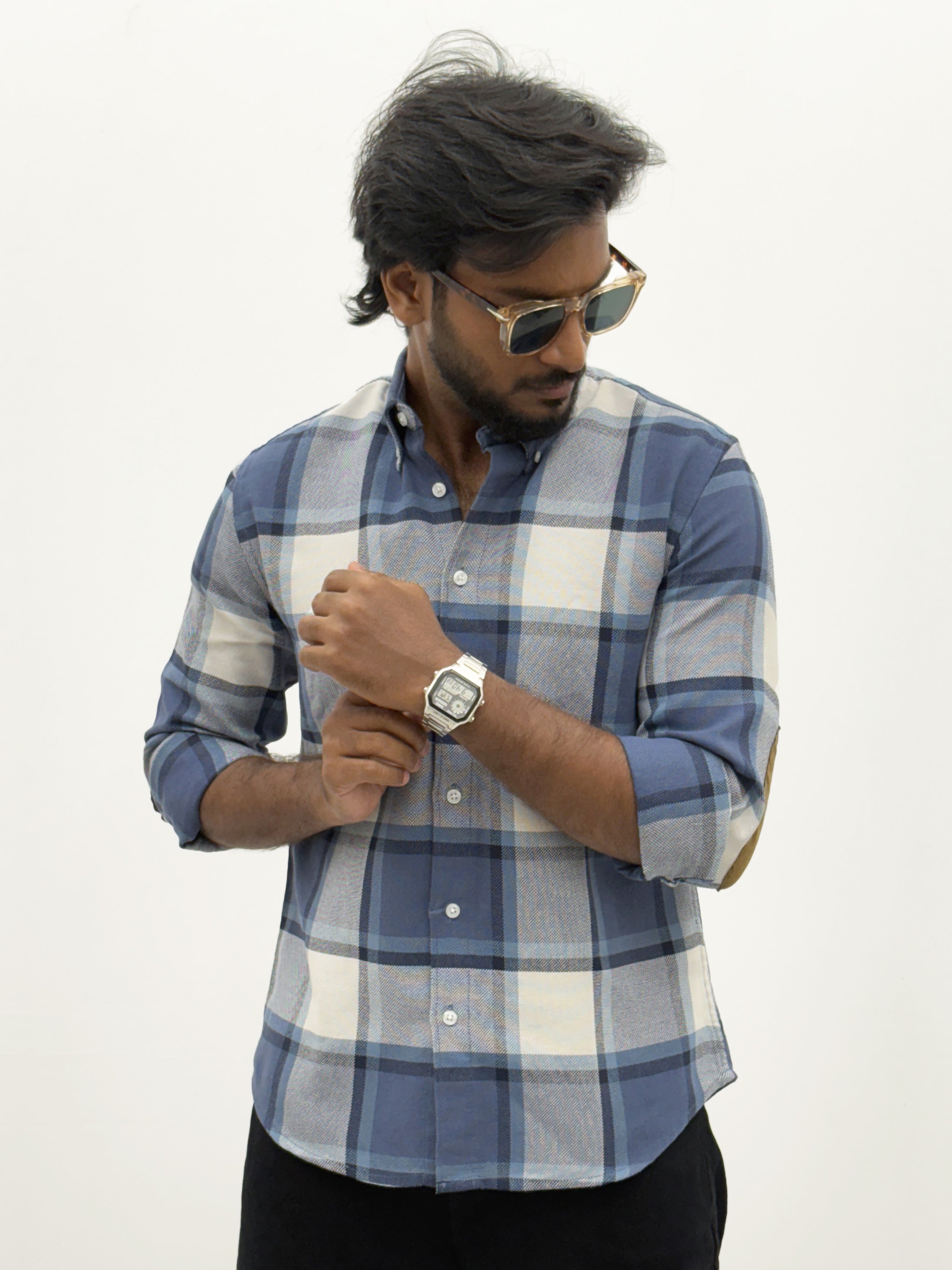Blue Elbow Patch Flannel Shirt