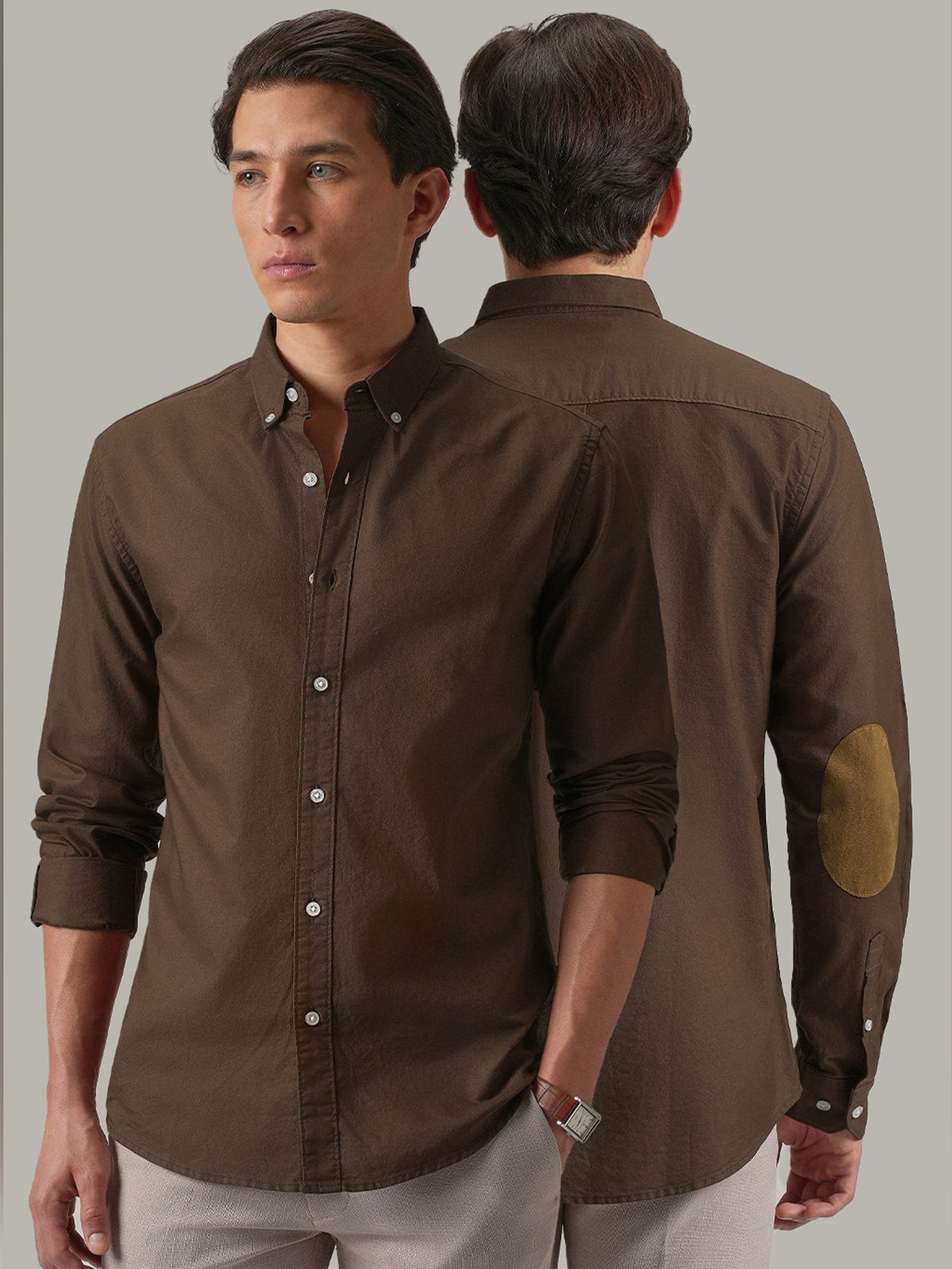 Brown Plain Elbow Patch Shirt