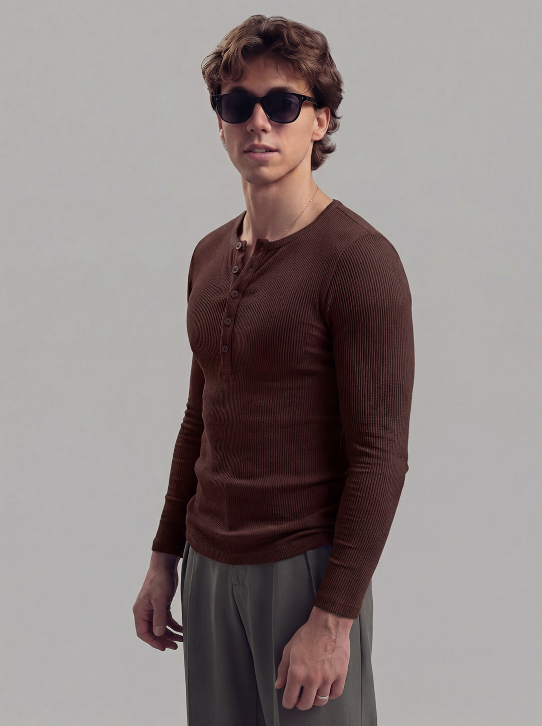 Coffee Ribbed Henley Long Sleeve T-Shirt