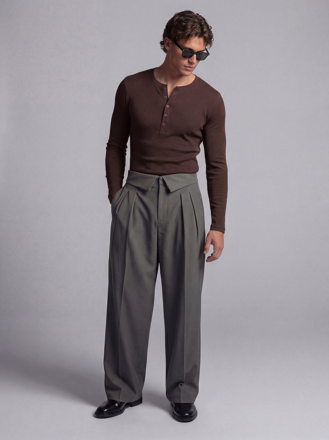 Coffee Ribbed Henley Long Sleeve T-Shirt