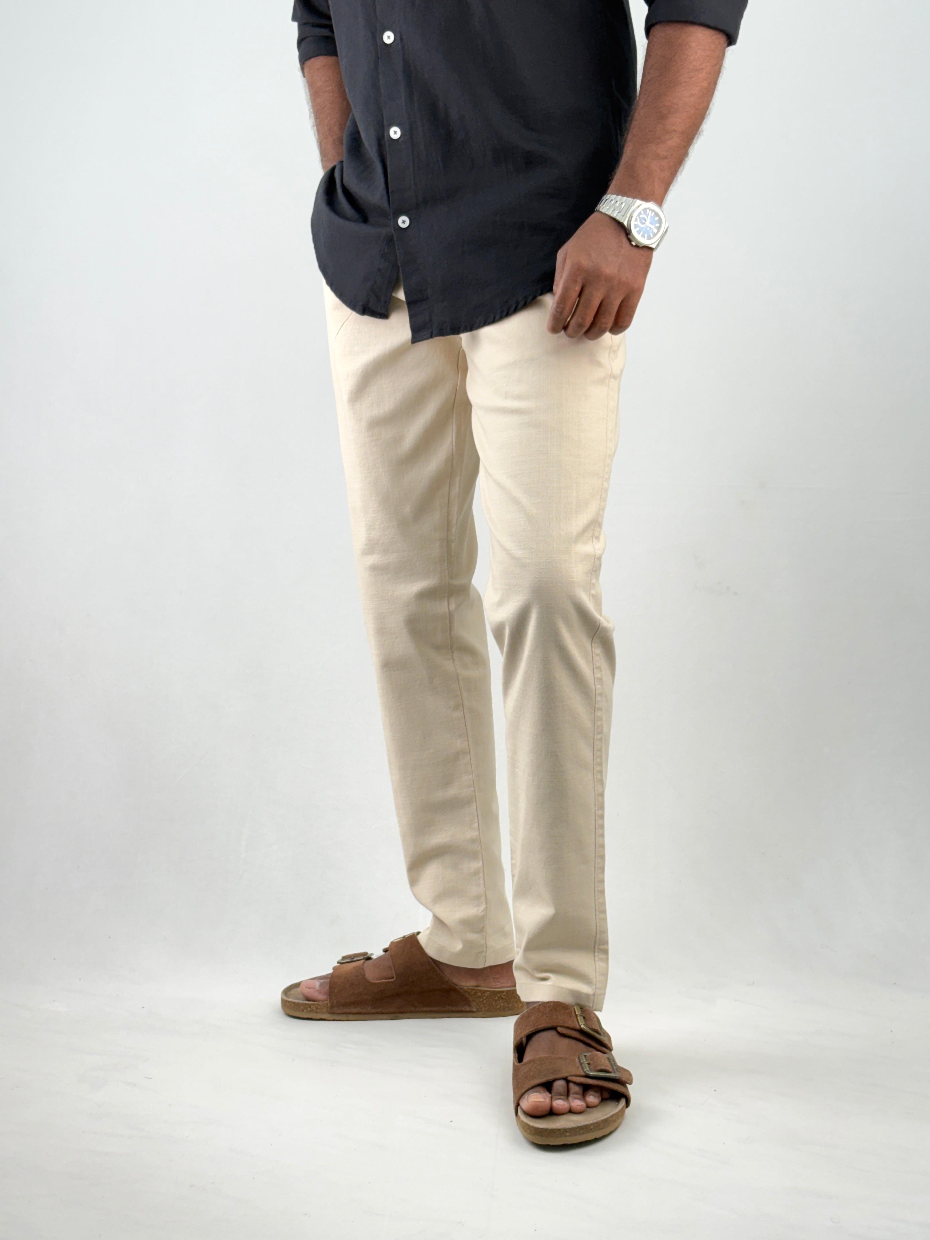 Cream Slim Fit Linen Pant