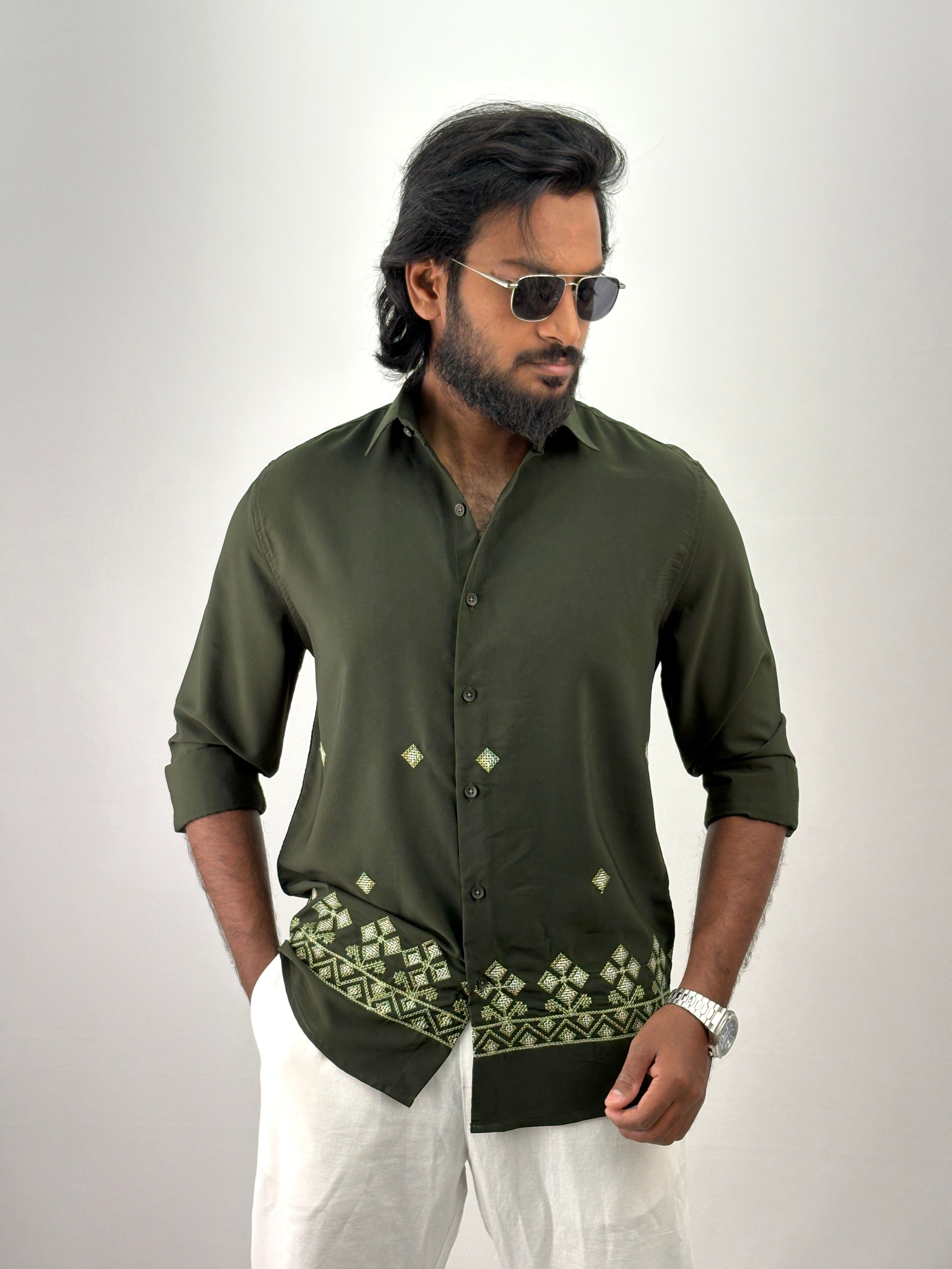 Dark Green Embroidery Shirt