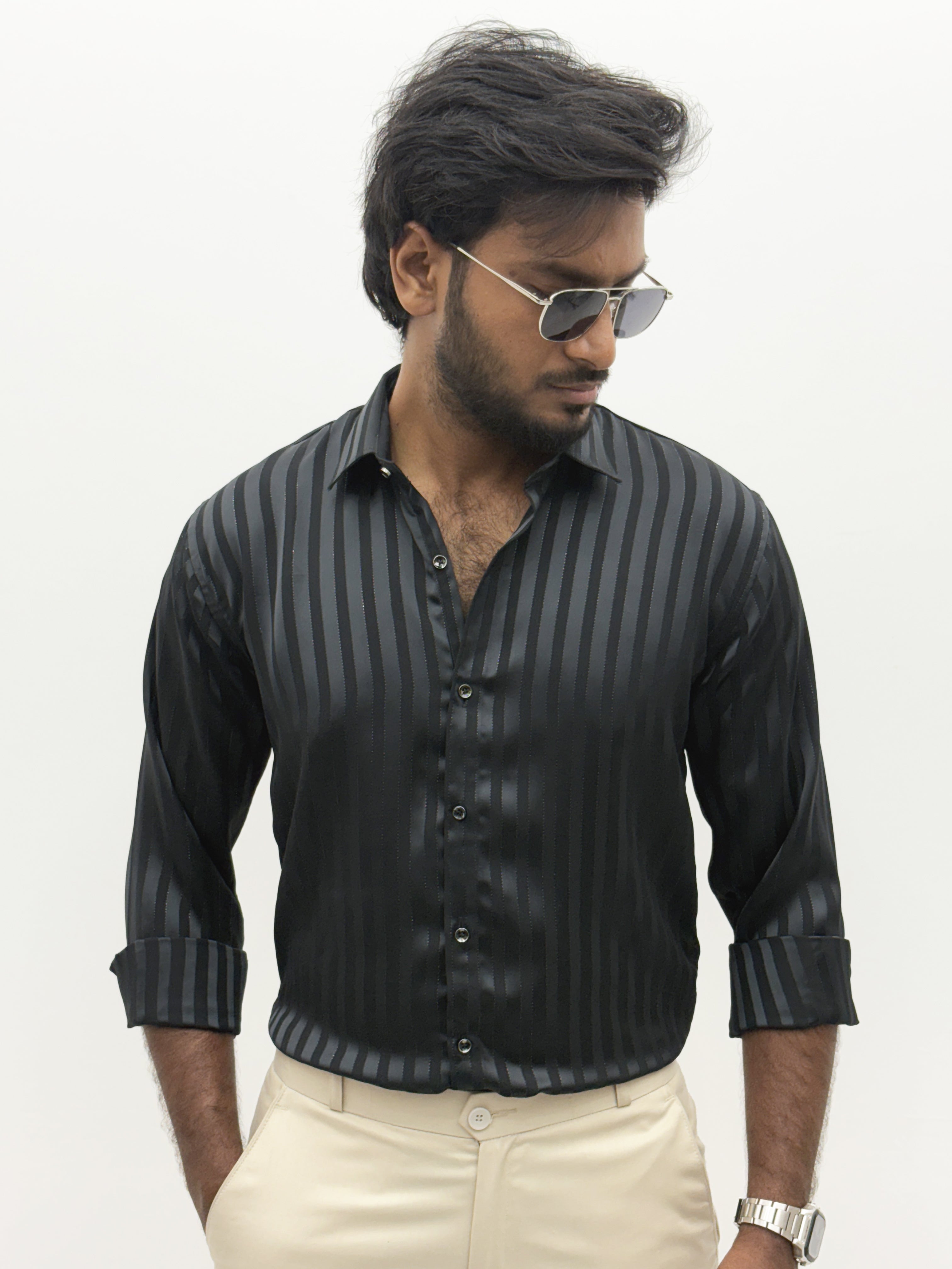Dark Grey Designer Self Stripe Shirt