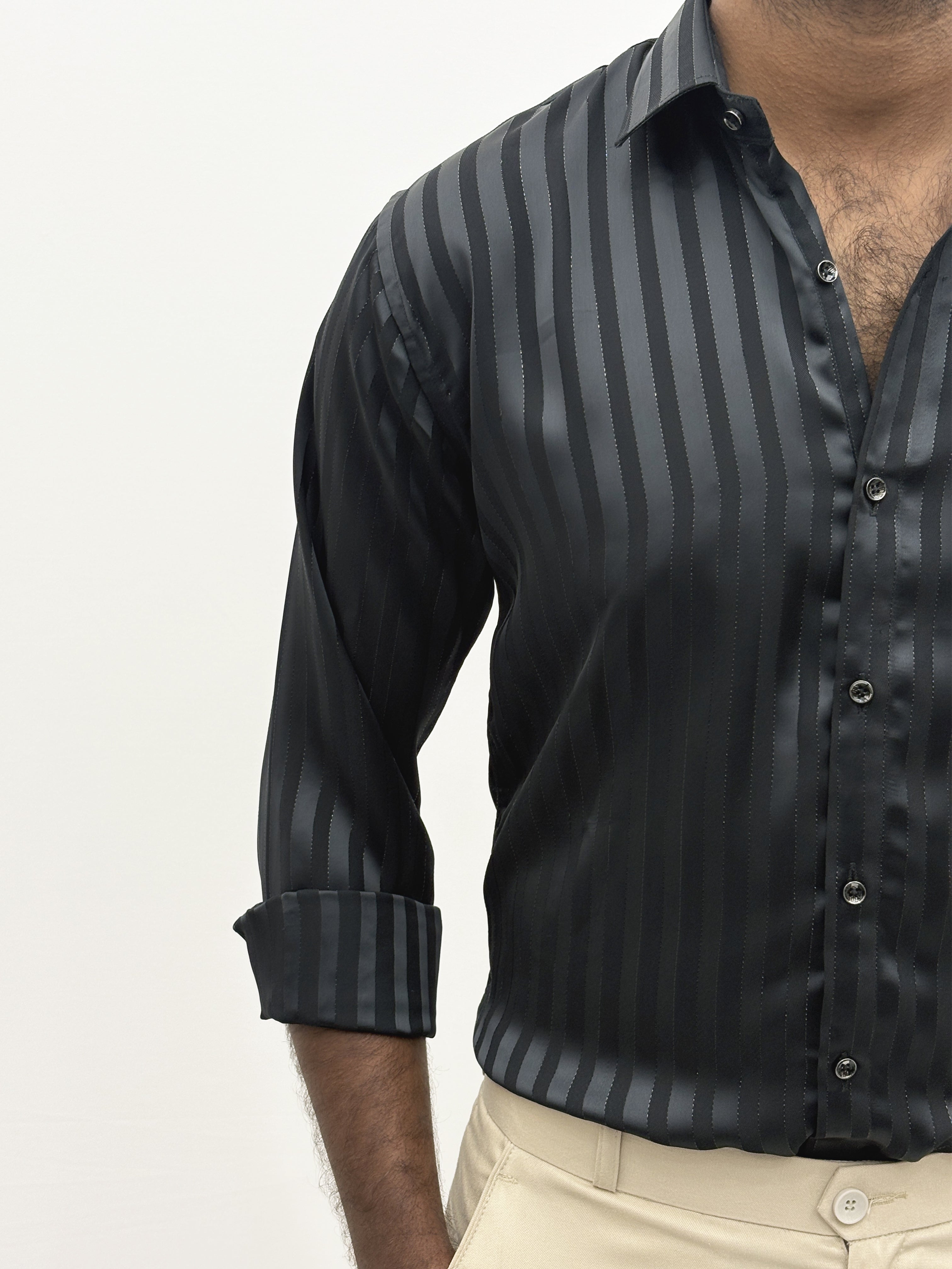 Dark Grey Designer Self Stripe Shirt