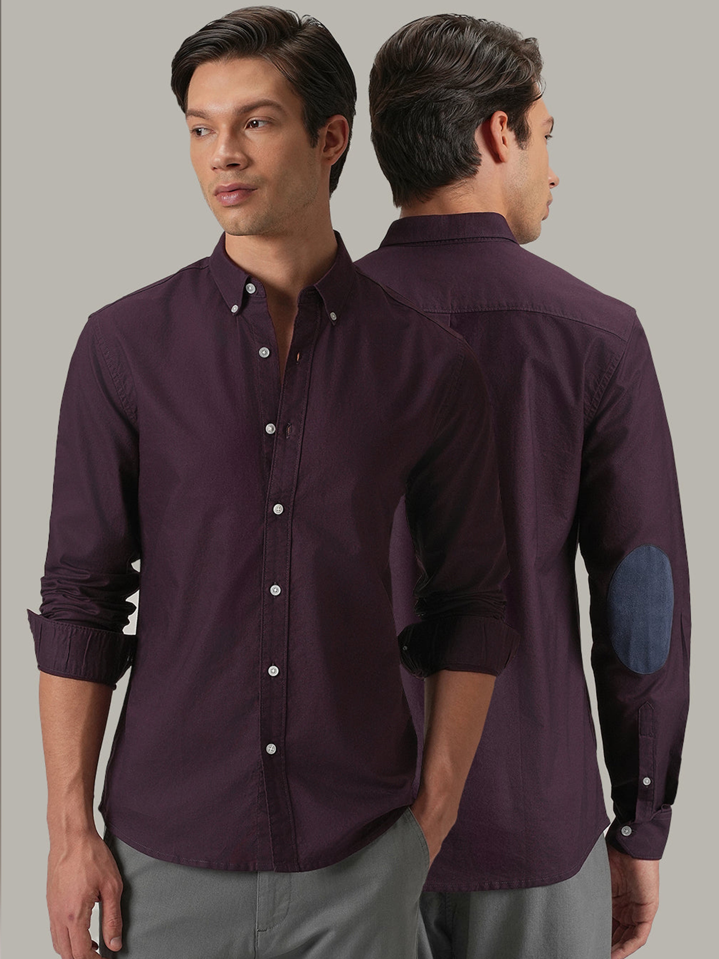 Dark Purple Plain Elbow Patch Shirt