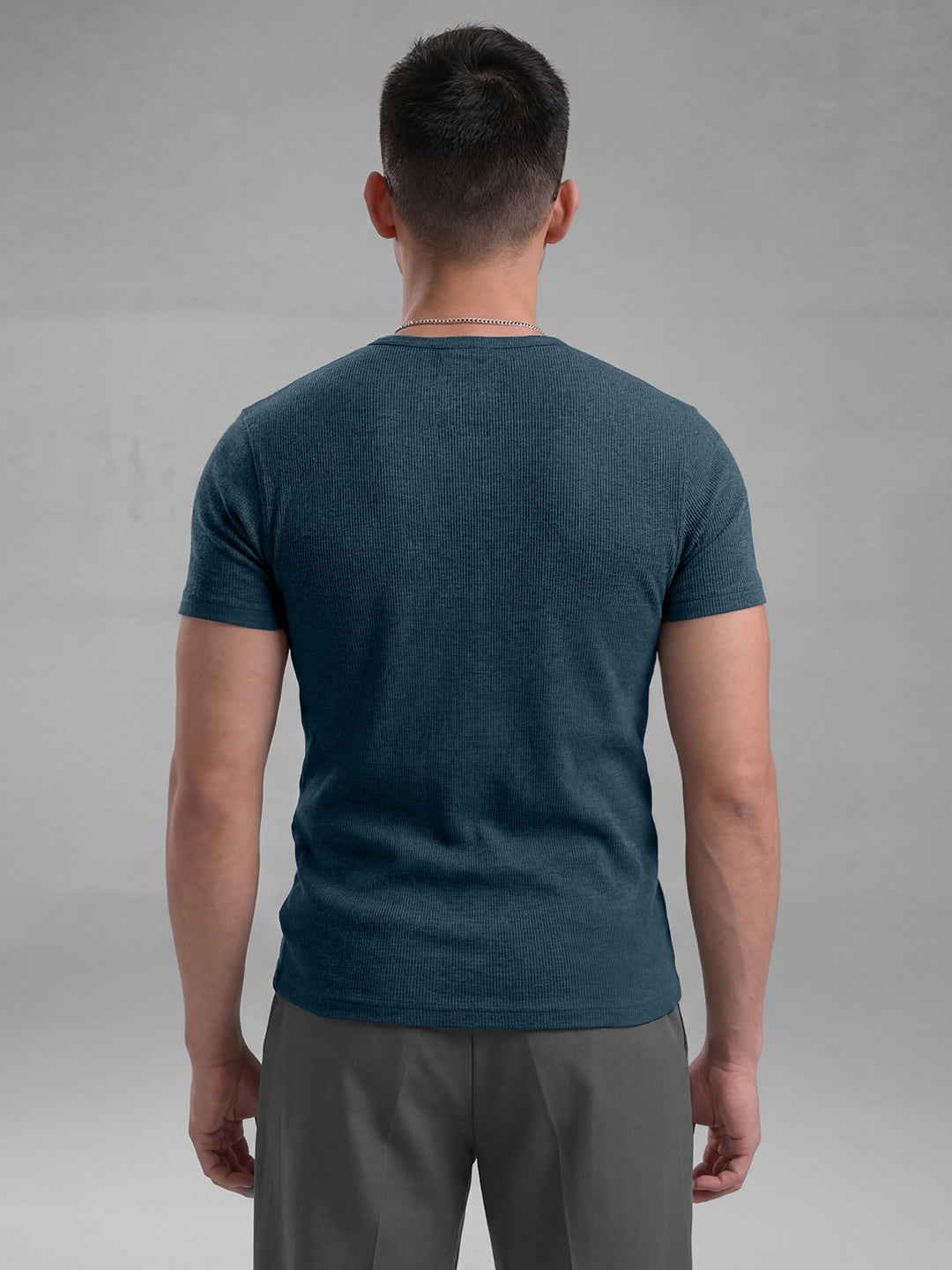 Denim Blue Ribbed Henley Short Sleeves T-Shirt