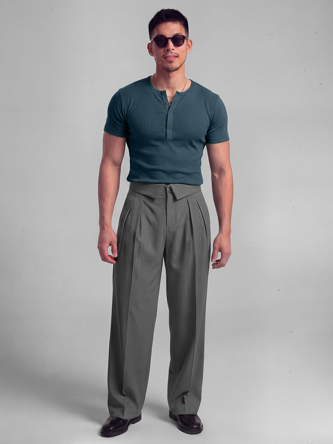 Denim Blue Ribbed Henley Short Sleeves T-Shirt