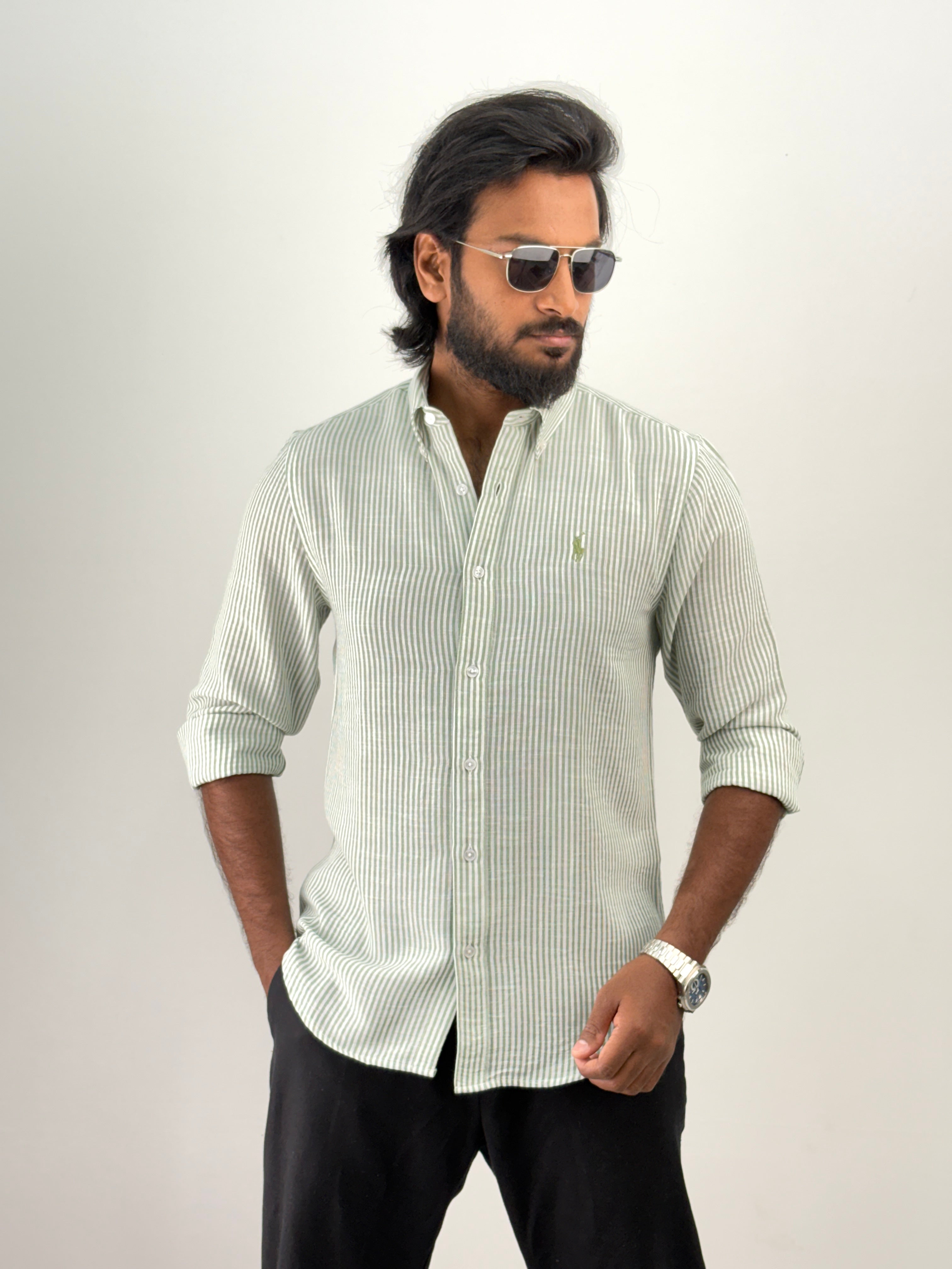 Green Linen Stripe Shirt