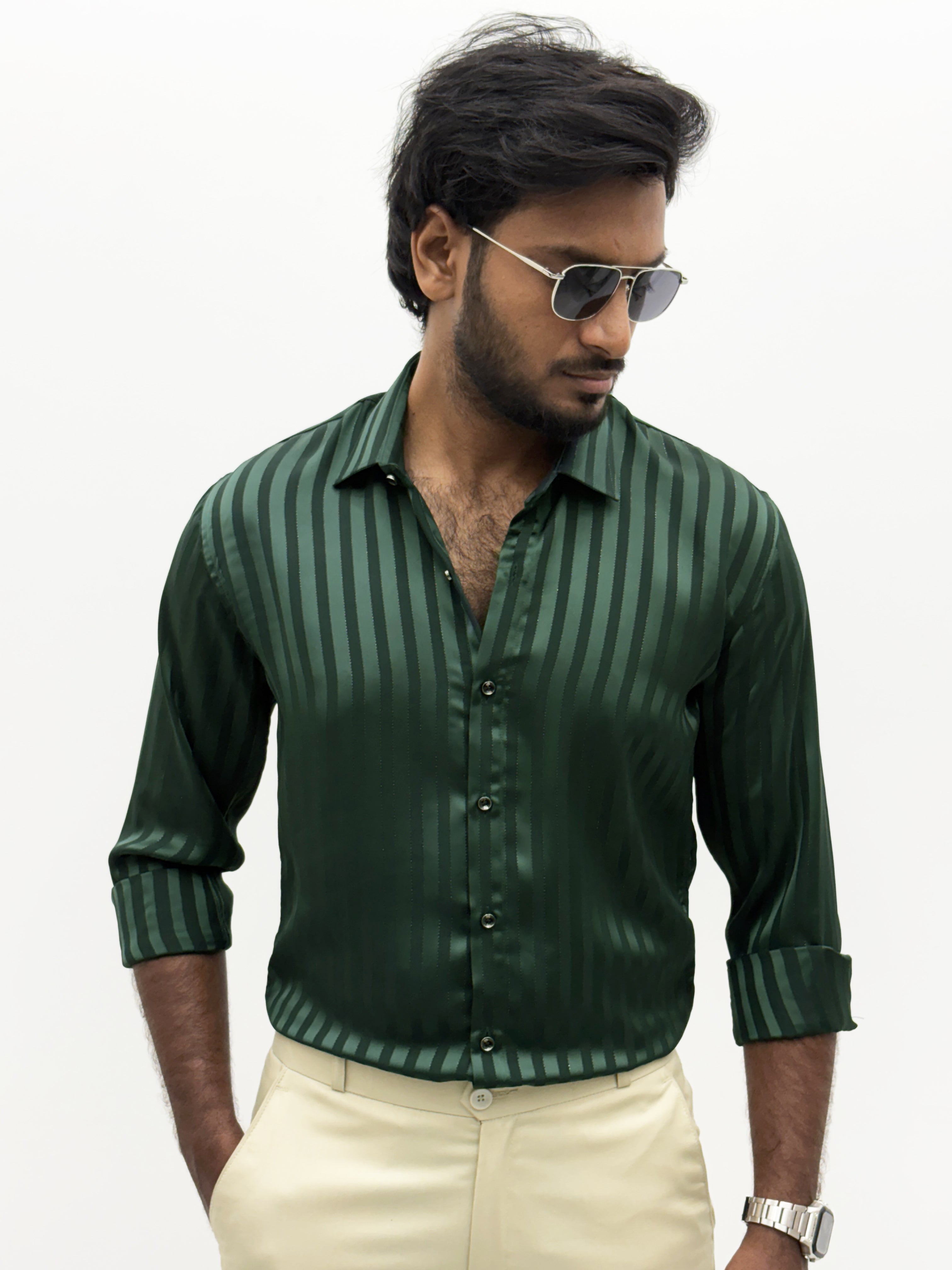 Green Designer Self Stripe Shirt